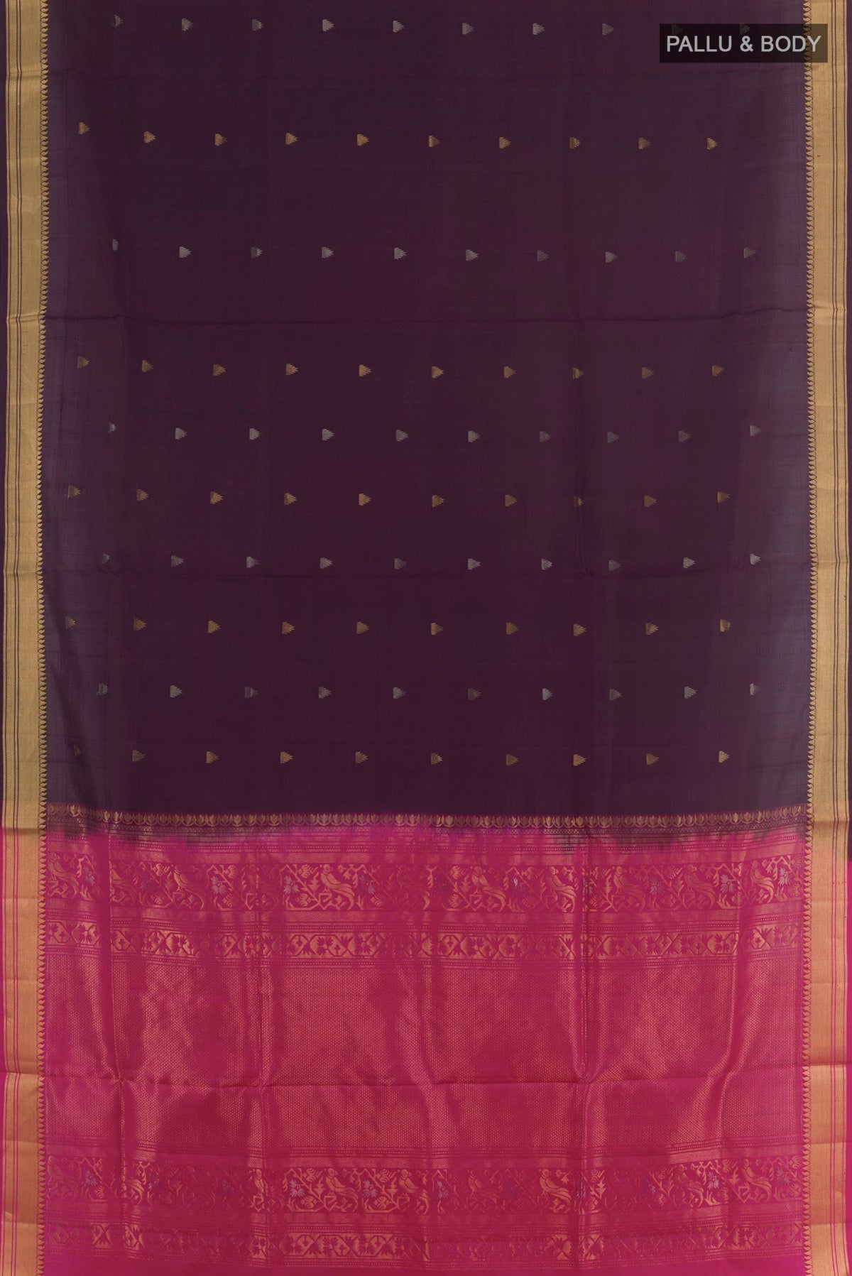 Flat view of Purple Soft Silk Saree with Zari Butta on the body and Zari Border. 