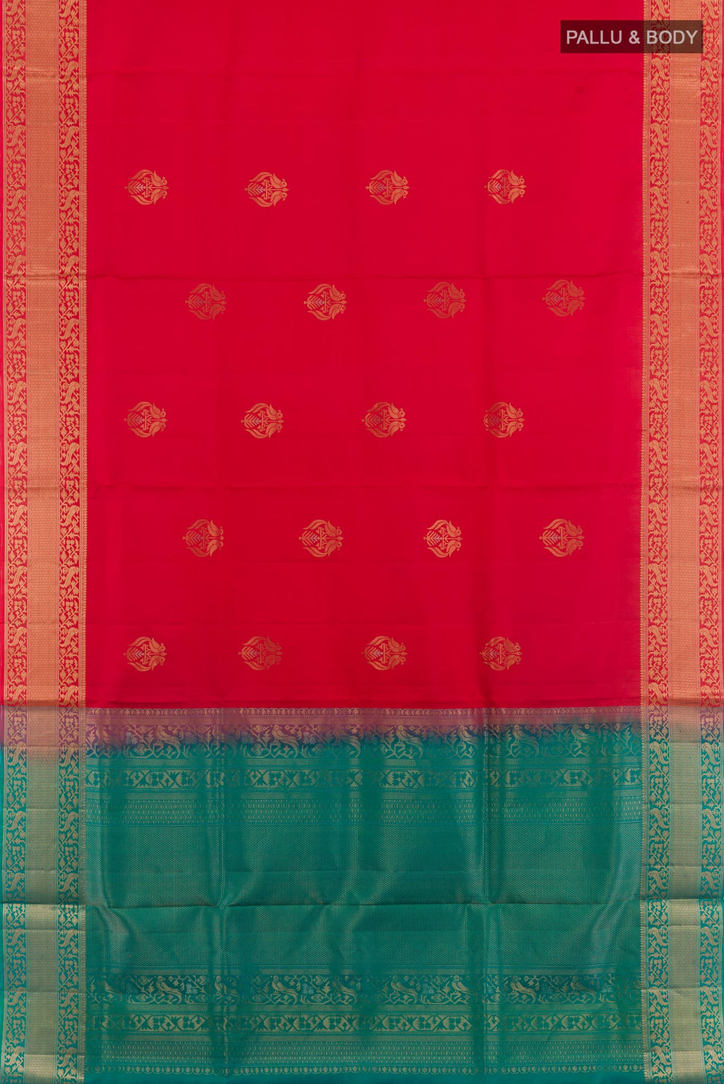 Flat view of Red Soft Silk Saree with Zari Butta on the body and Zari Border. 