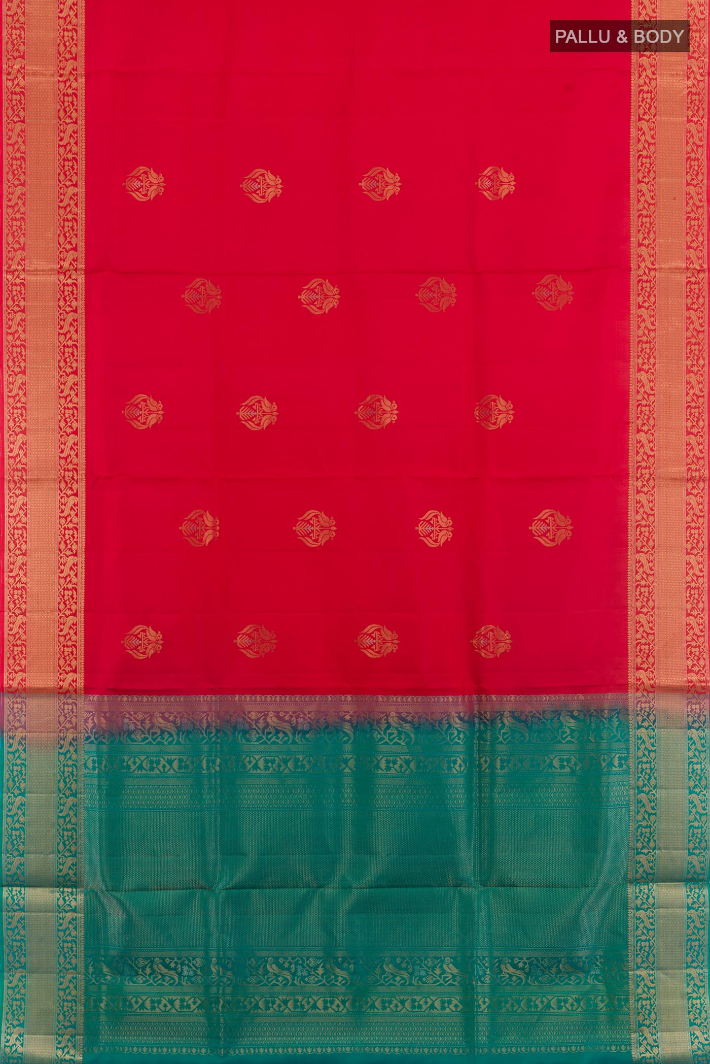 Flat view of Red Soft Silk Saree with Zari Butta on the body and Zari Border. 