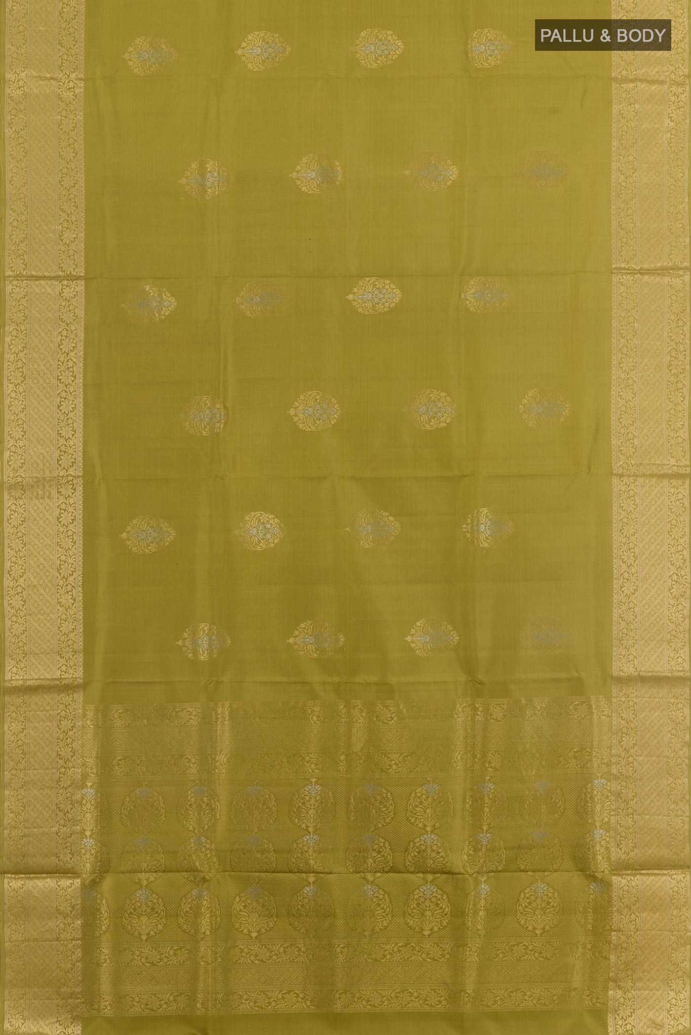 Flat view of Mehandi Green Soft Silk Saree with Zari Butta on the body and Zari Border. 
