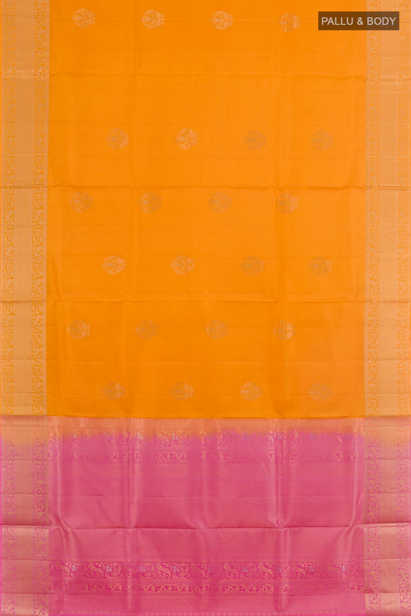 Flat view of Yellow Soft Silk Saree with Zari Butta on the body and Zari Border. 