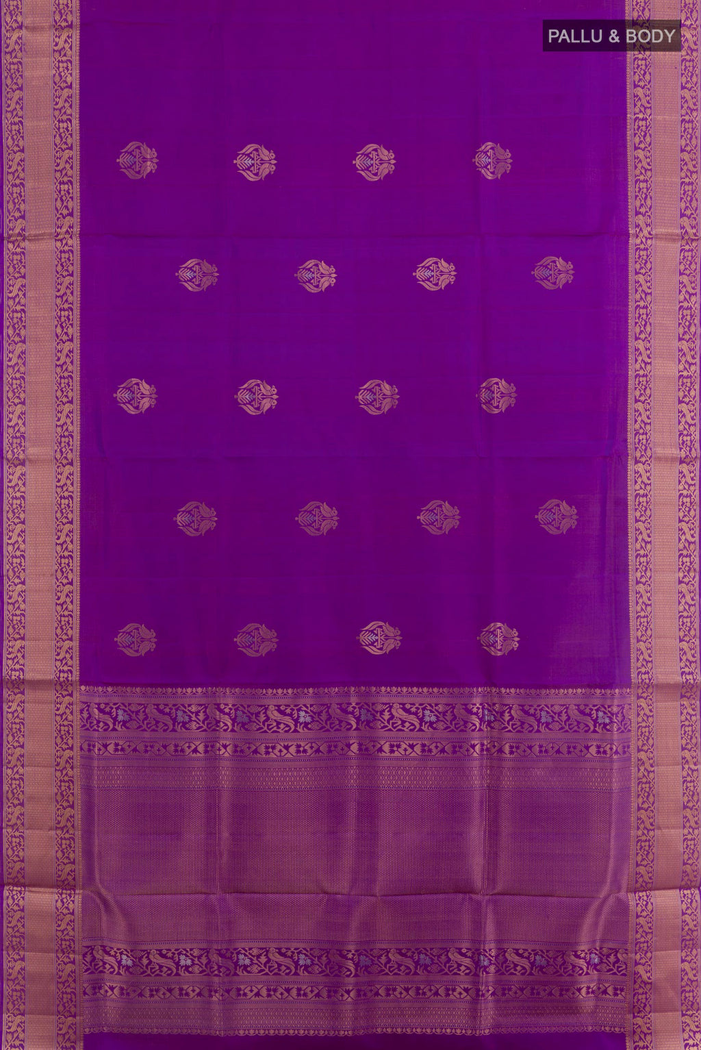 Flat view of Purple Soft Silk Saree with Zari Butta on the body and Zari Border. 