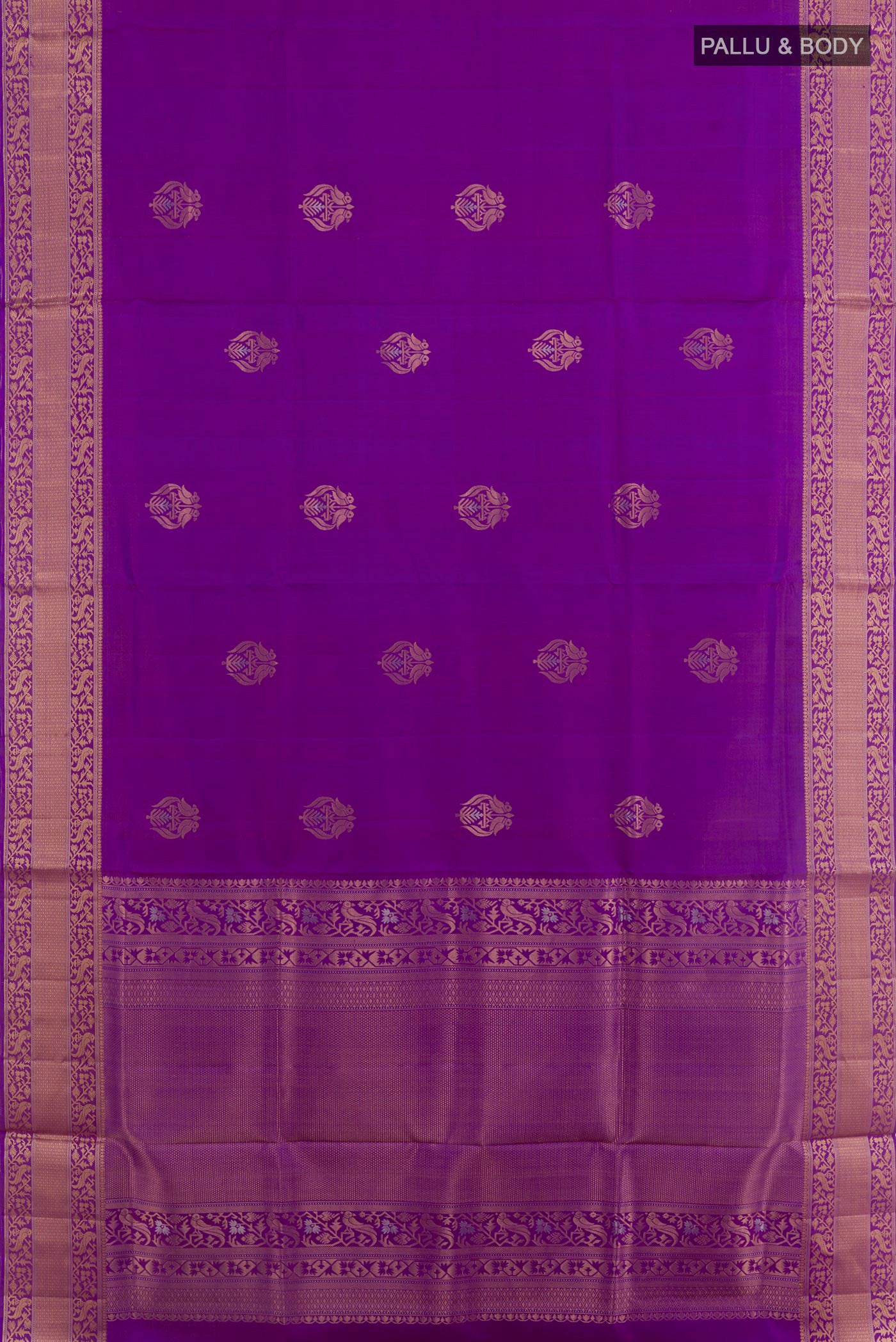 Flat view of Purple Soft Silk Saree with Zari Butta on the body and Zari Border. 