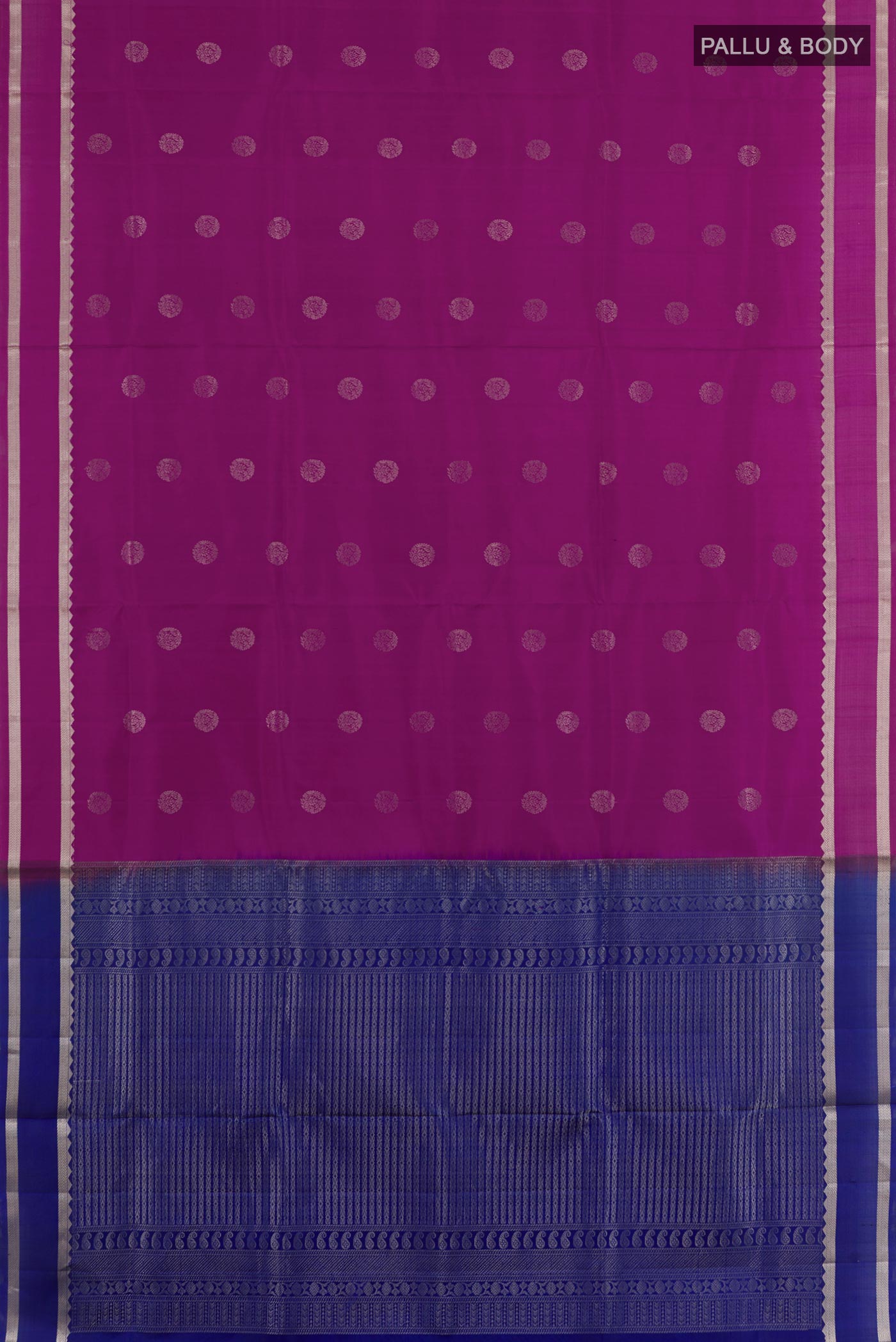 Flat view of Purple Soft Silk Saree with Zari Butta on the body and Zari Border. 