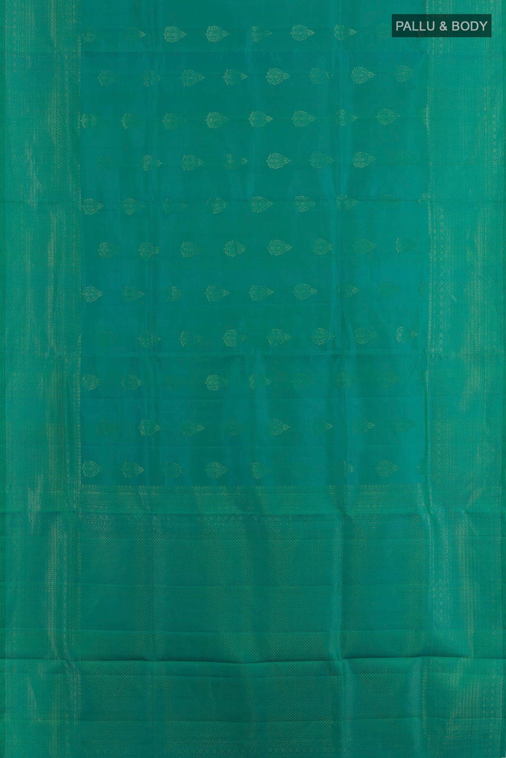 Flat view of Sea Green Soft Silk Saree with Zari Butta on the body and Zari Border. 