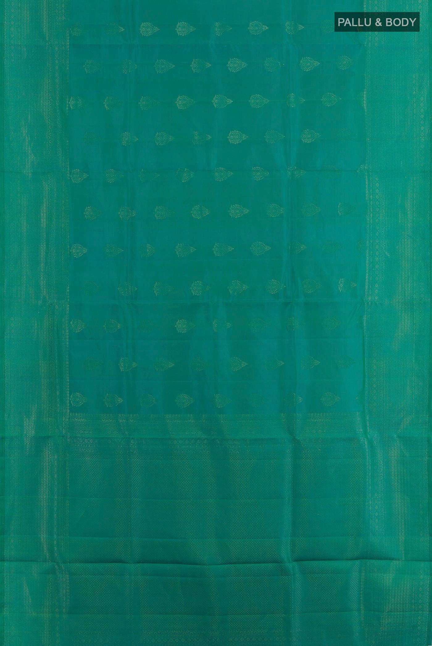 Flat view of Sea Green Soft Silk Saree with Zari Butta on the body and Zari Border. 