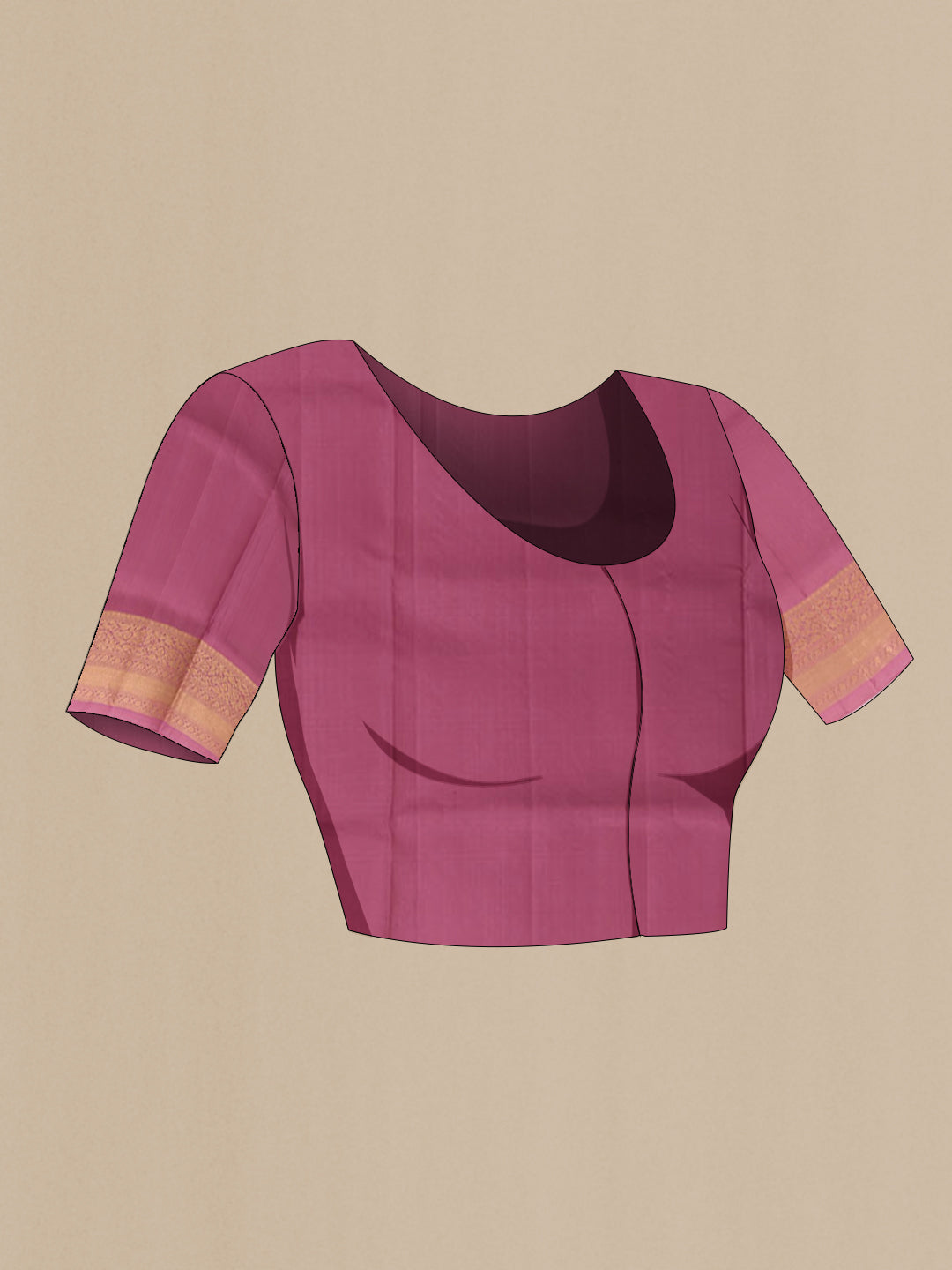 Close up image of the blouse of Imperial Pink Soft Silk Saree with Zari Butta on the body and Zari Border. 
