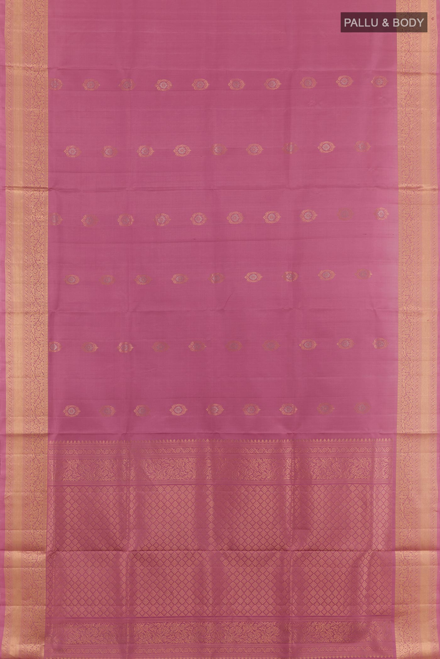 Flat view of Imperial Pink Soft Silk Saree with Zari Butta on the body and Zari Border. 