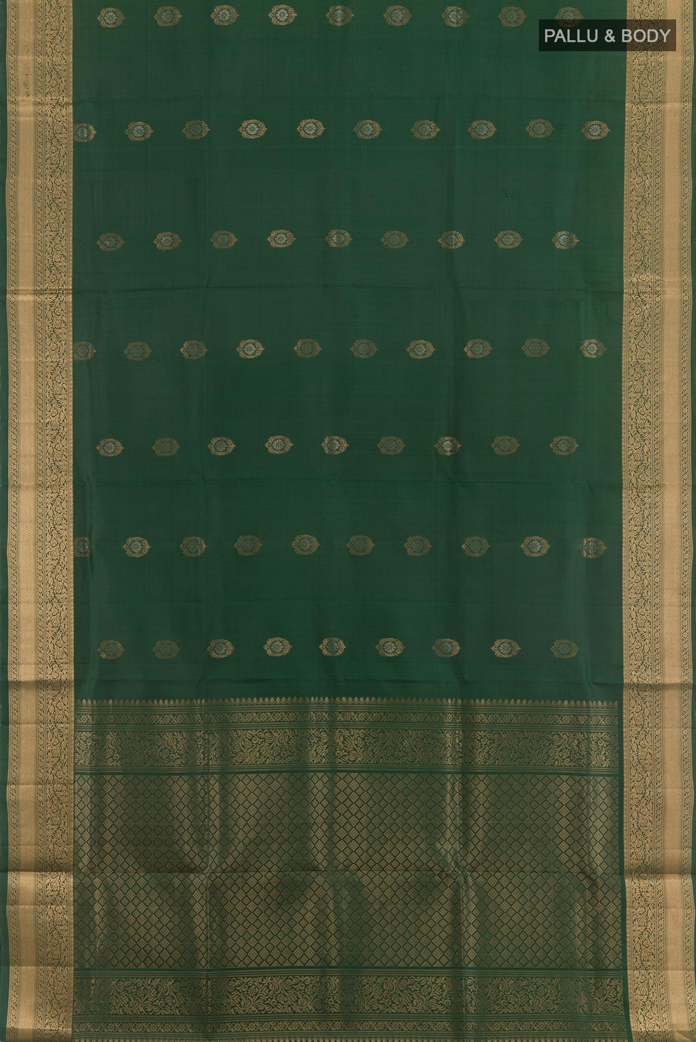 Flat view of Red Soft Silk Saree with Zari Butta on the body and Zari Border. 