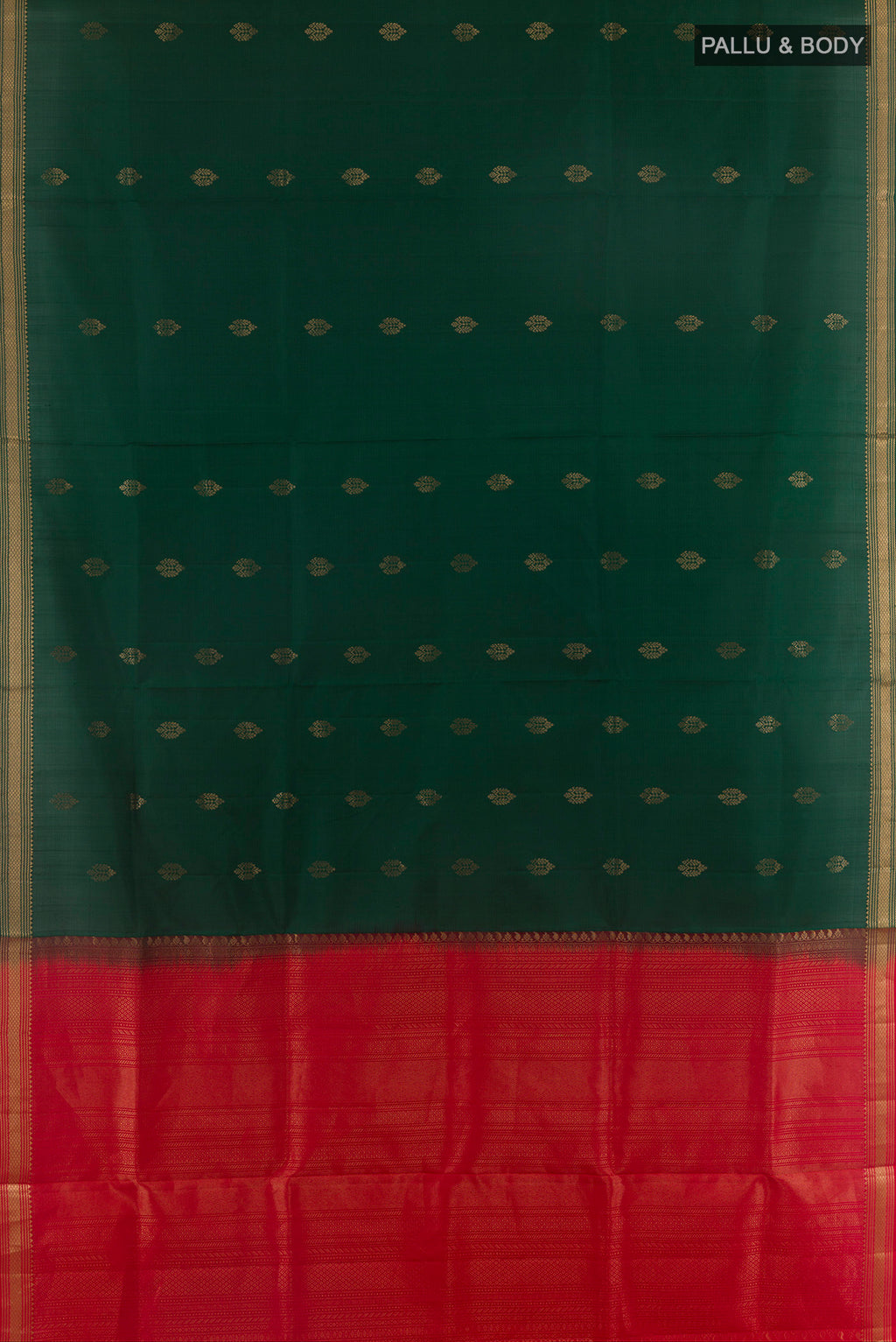 Flat view of Pure Silk Bottle Green Soft Saree with Zari Butta on the body and Zari Border. 