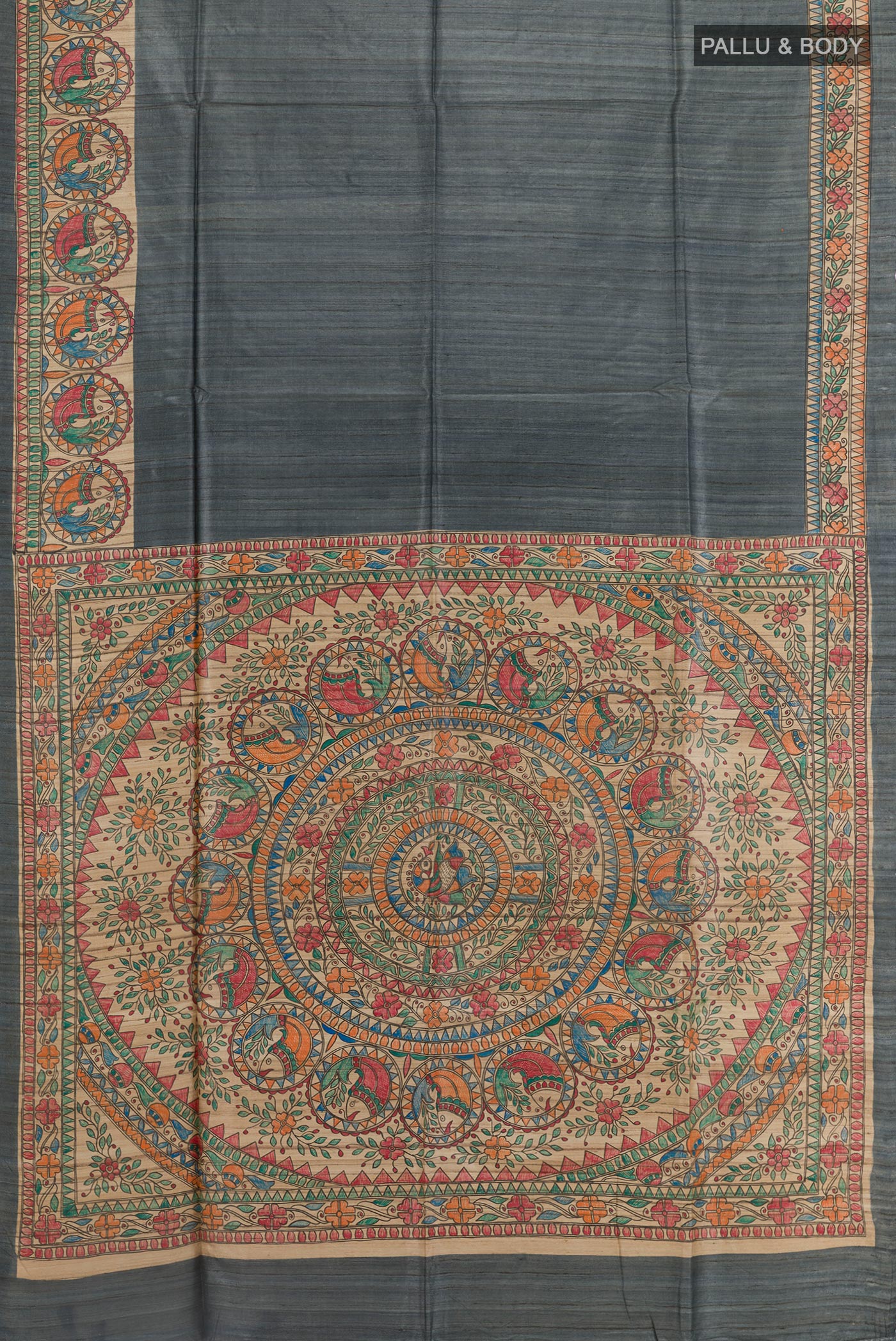 Flat view of Grey Tussar Saree with Plain Body and Printed Border. 
