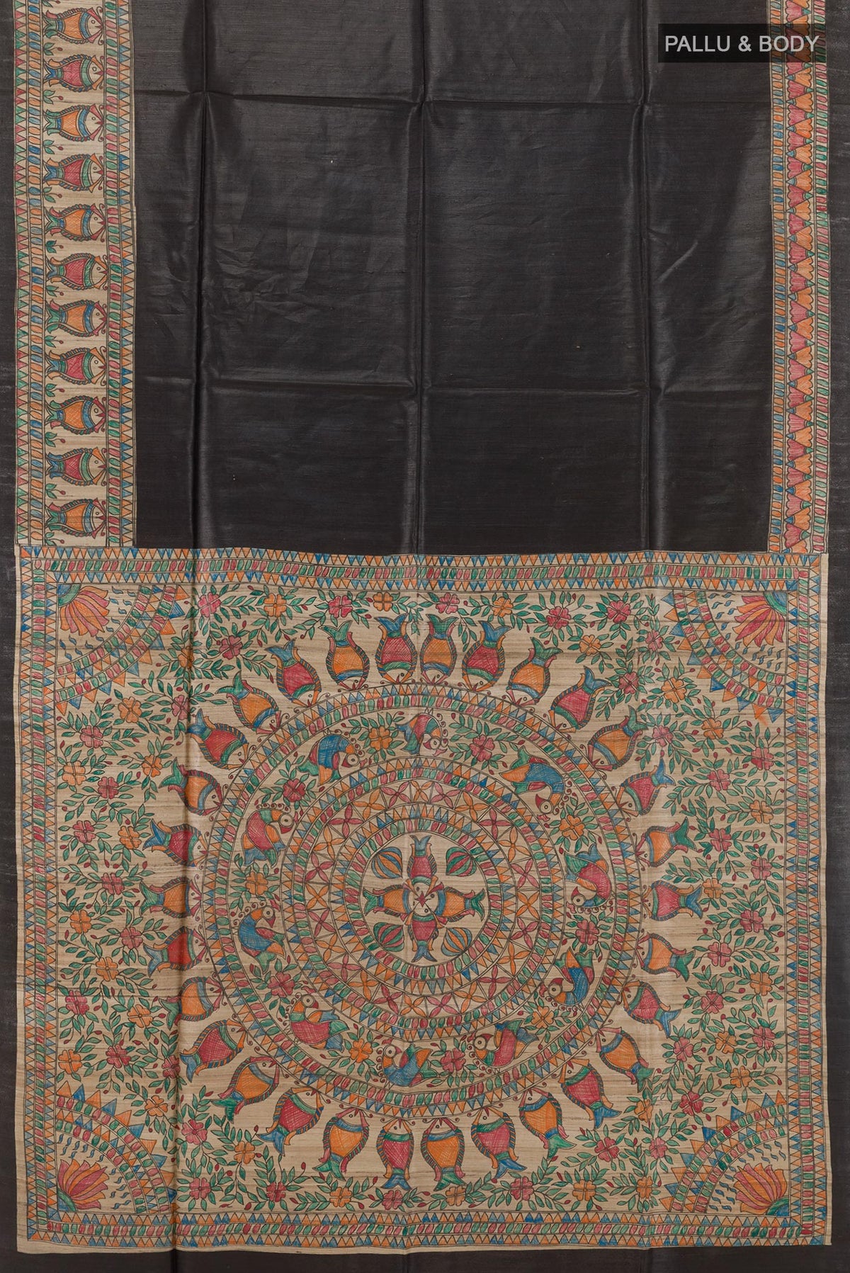 Flat view of Black Tussar Silk Saree with Plain Body and Printed Border. 