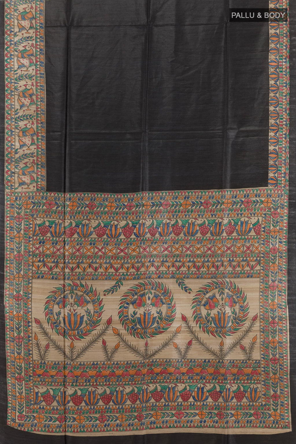 Flat view of Black Tussar Saree with Plain Body and Printed Border. 