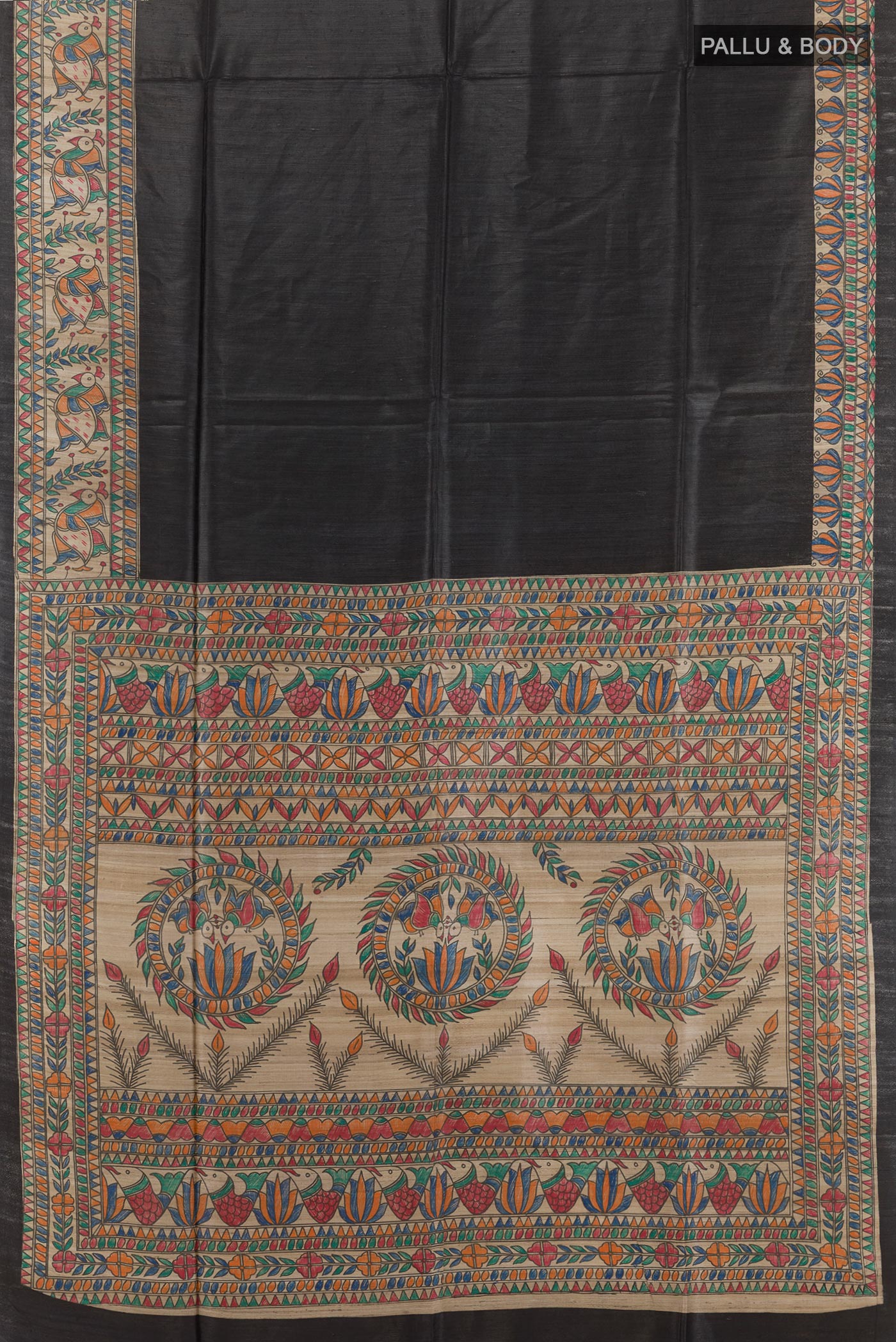 Flat view of Black Tussar Saree with Plain Body and Printed Border. 