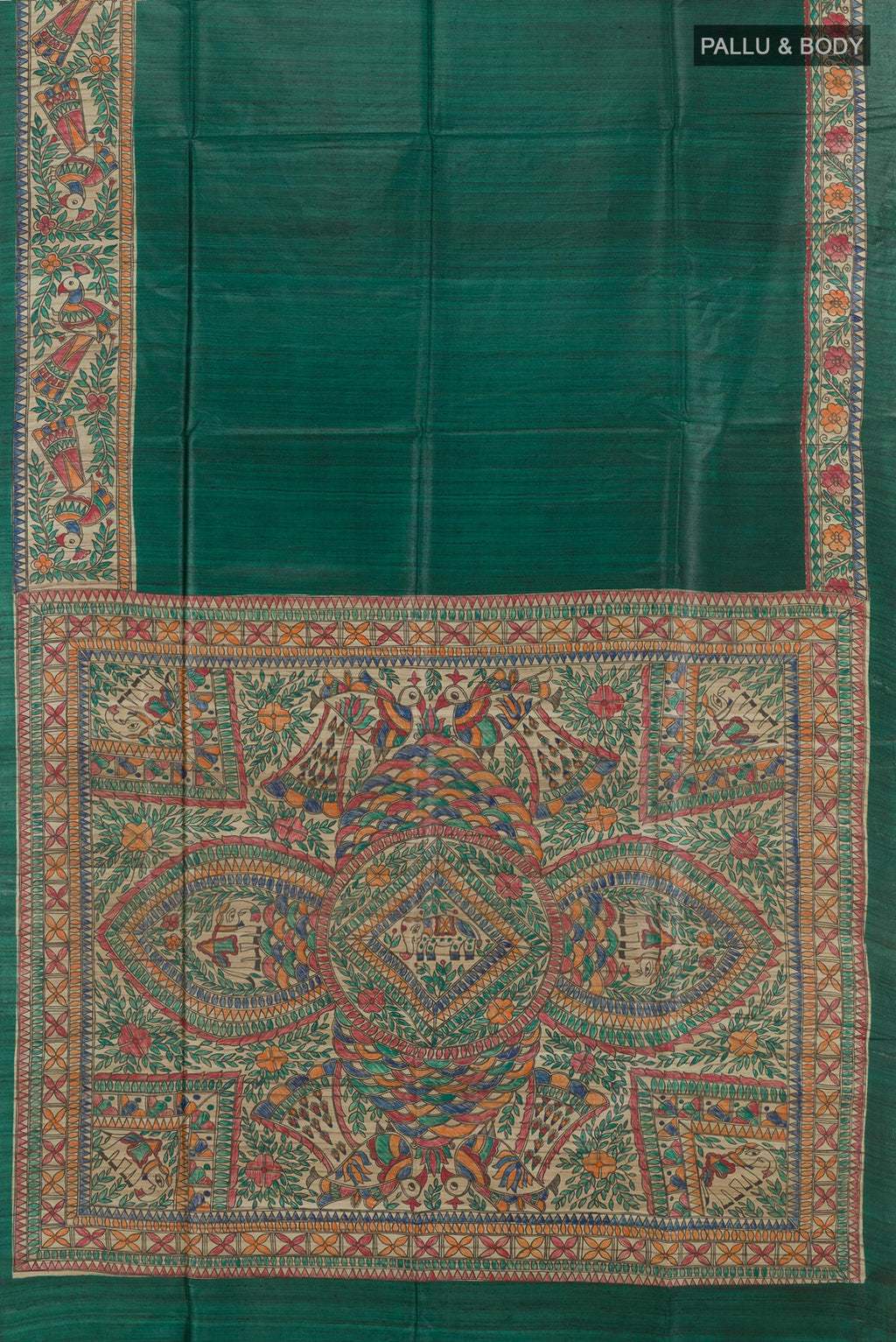 Flat view of Green Tussar Silk Saree with Plain Body and Printed Border. 
