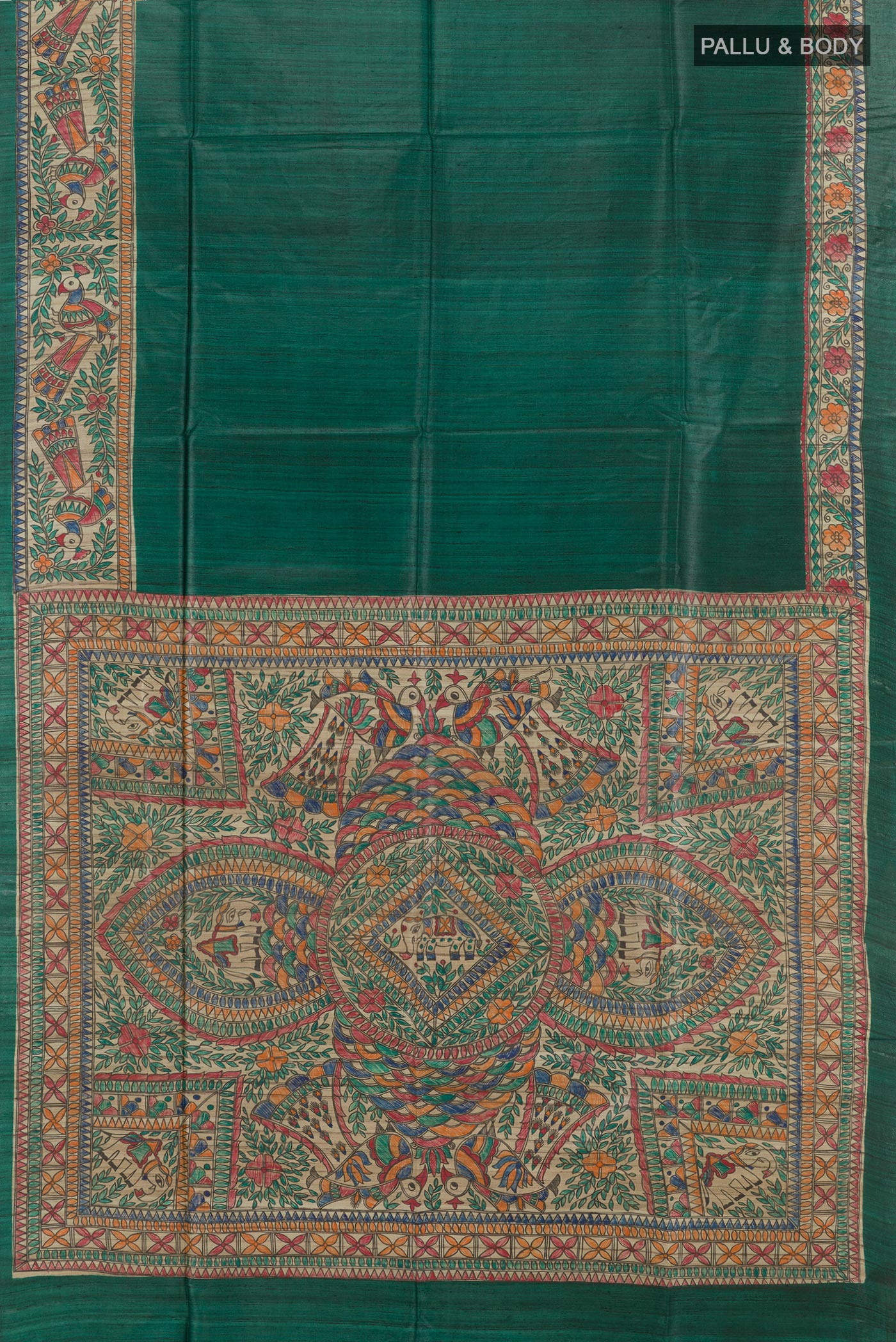 Flat view of Green Tussar Silk Saree with Plain Body and Printed Border. 