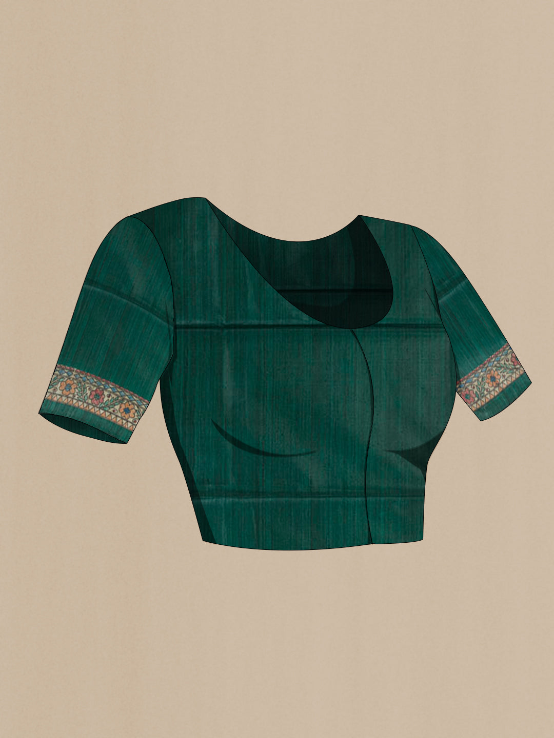 Close up image of the blouse of Bottle Green Tussar Silk Saree with Plain Body and Printed Border. 