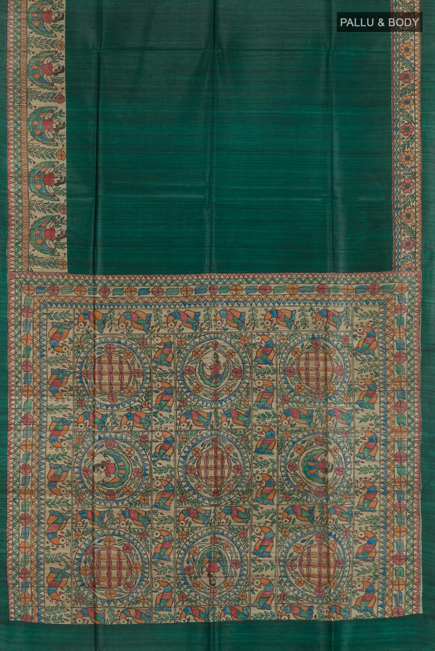 Flat view of Bottle Green Tussar Silk Saree with Plain Body and Printed Border. 