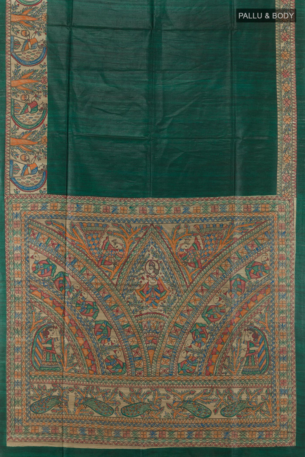 Flat view of Green Tussar Saree with Plain Body and Printed Border. 