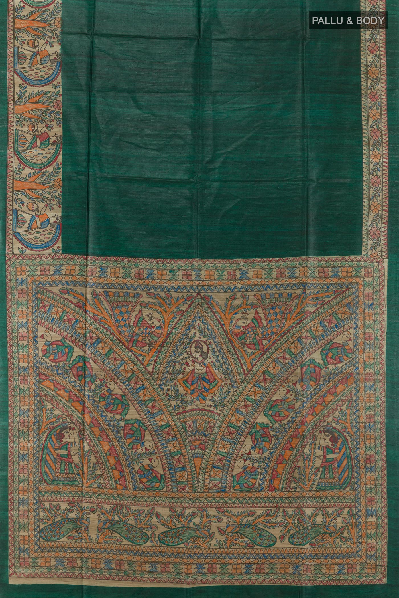 Flat view of Green Tussar Saree with Plain Body and Printed Border. 