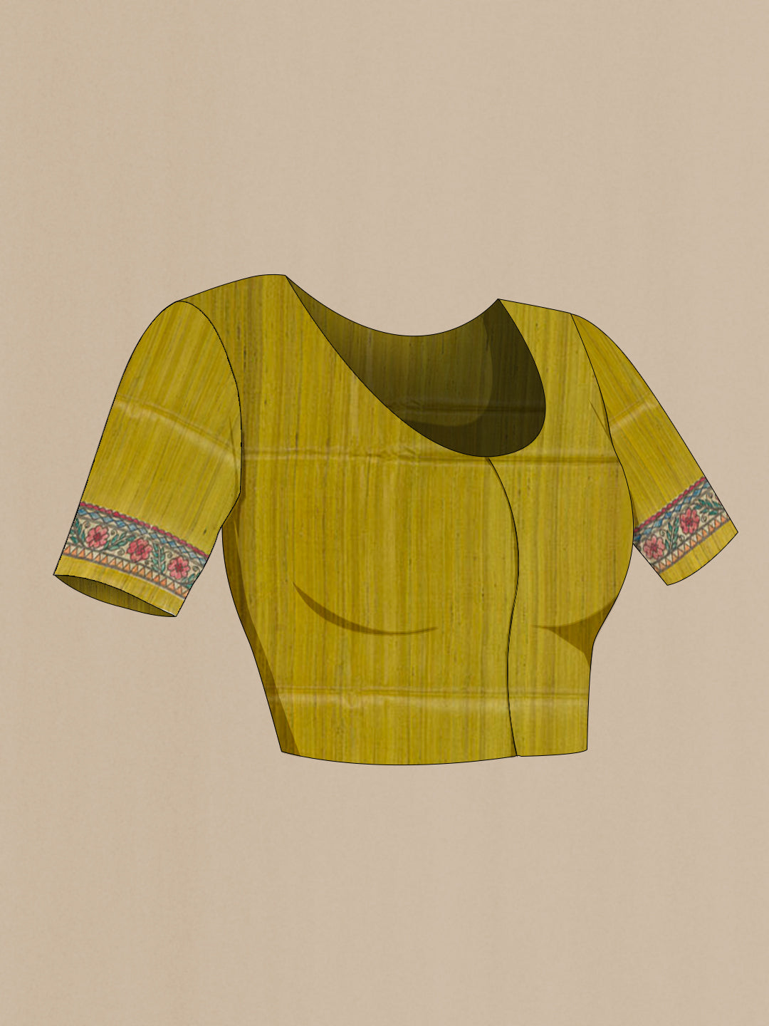 Close up image of the blouse of Mehandi Green Tussar Saree with Plain Body and Printed Border. 