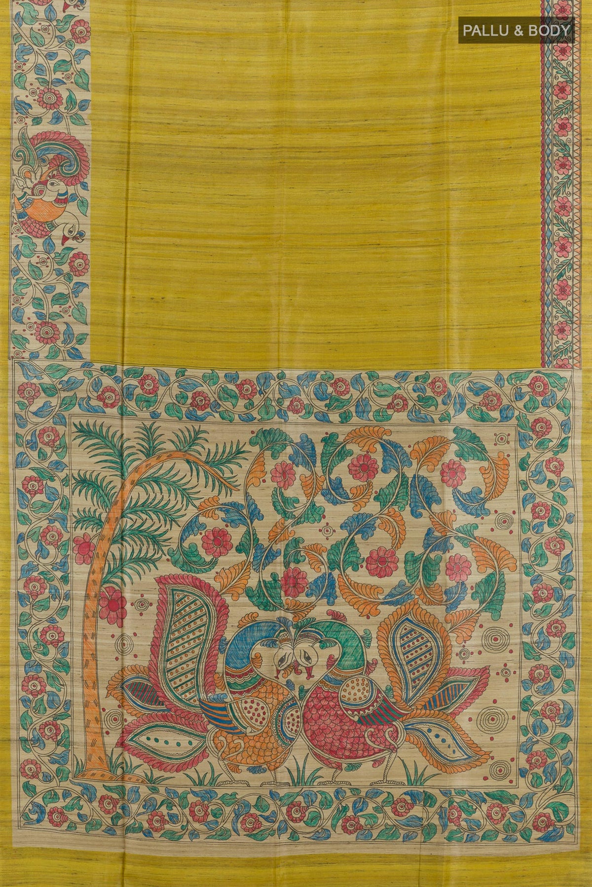 Flat view of Mehandi Green Tussar Saree with Plain Body and Printed Border. 