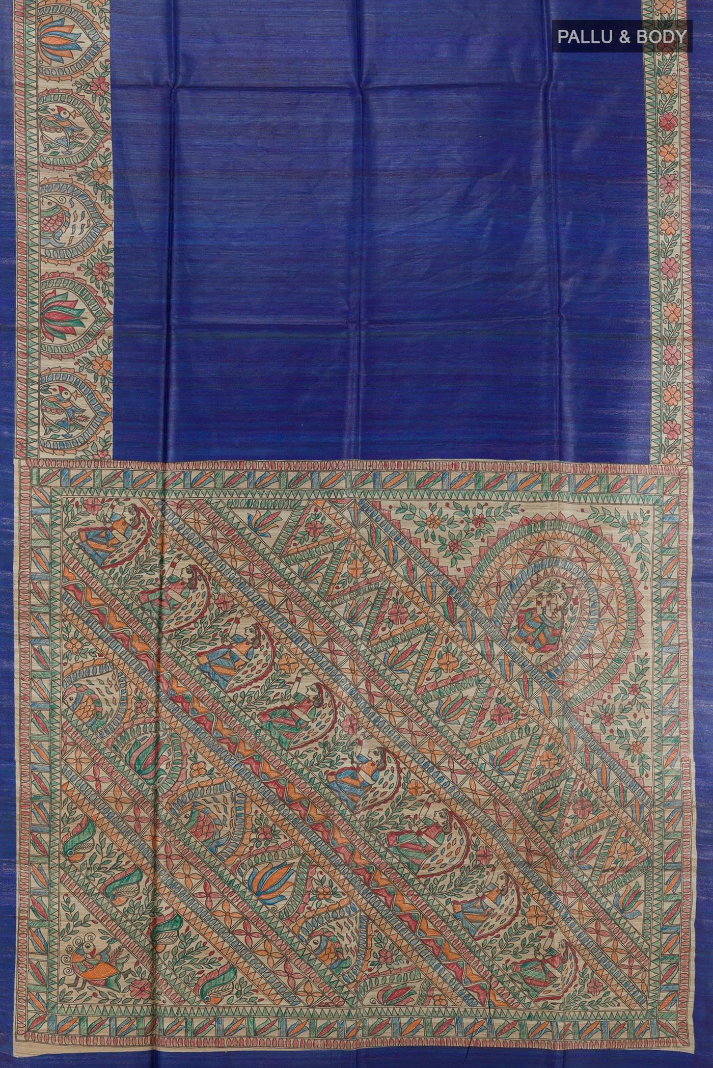 Flat view of Blue Tussar Silk Saree with Plain Body and Printed Border. 