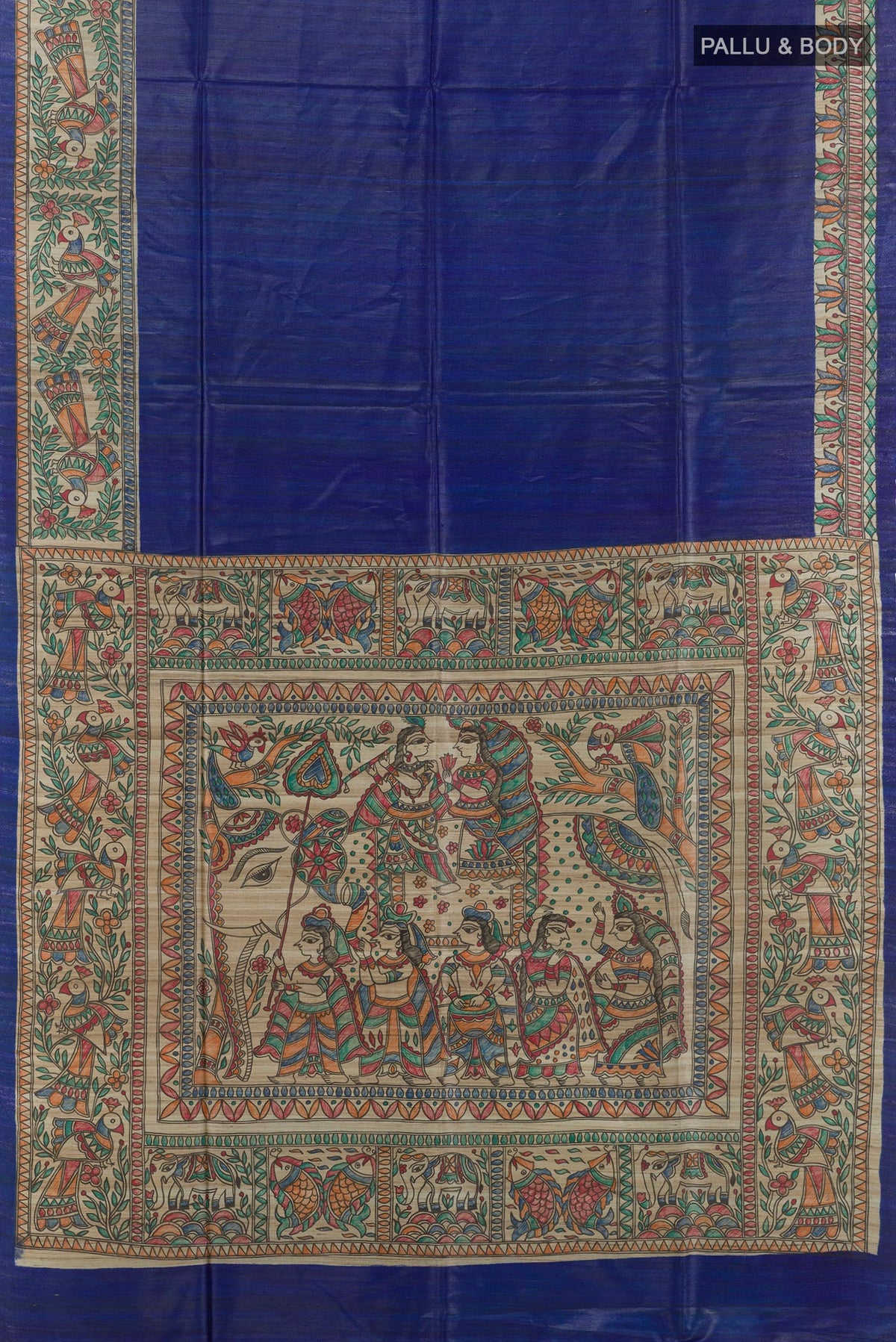 Flat view of Blue Tussar Saree with Plain Body and Printed Border. 