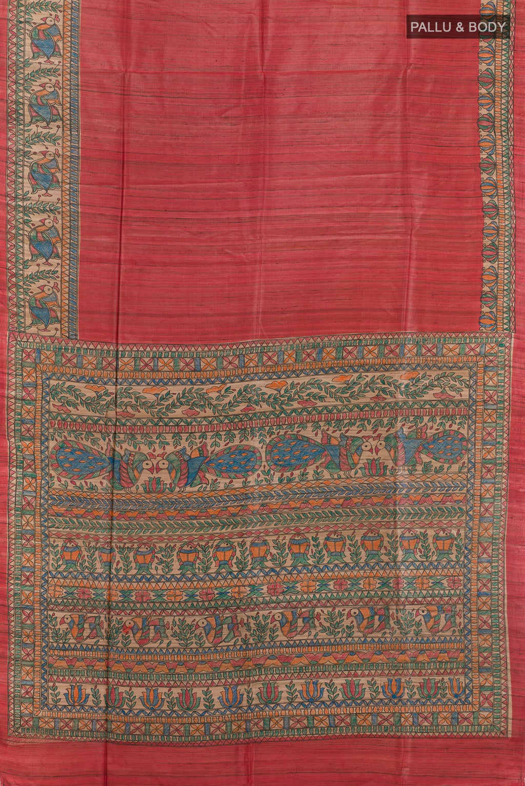 Flat view of Red Tussar Saree with Plain Body and Printed Border. 