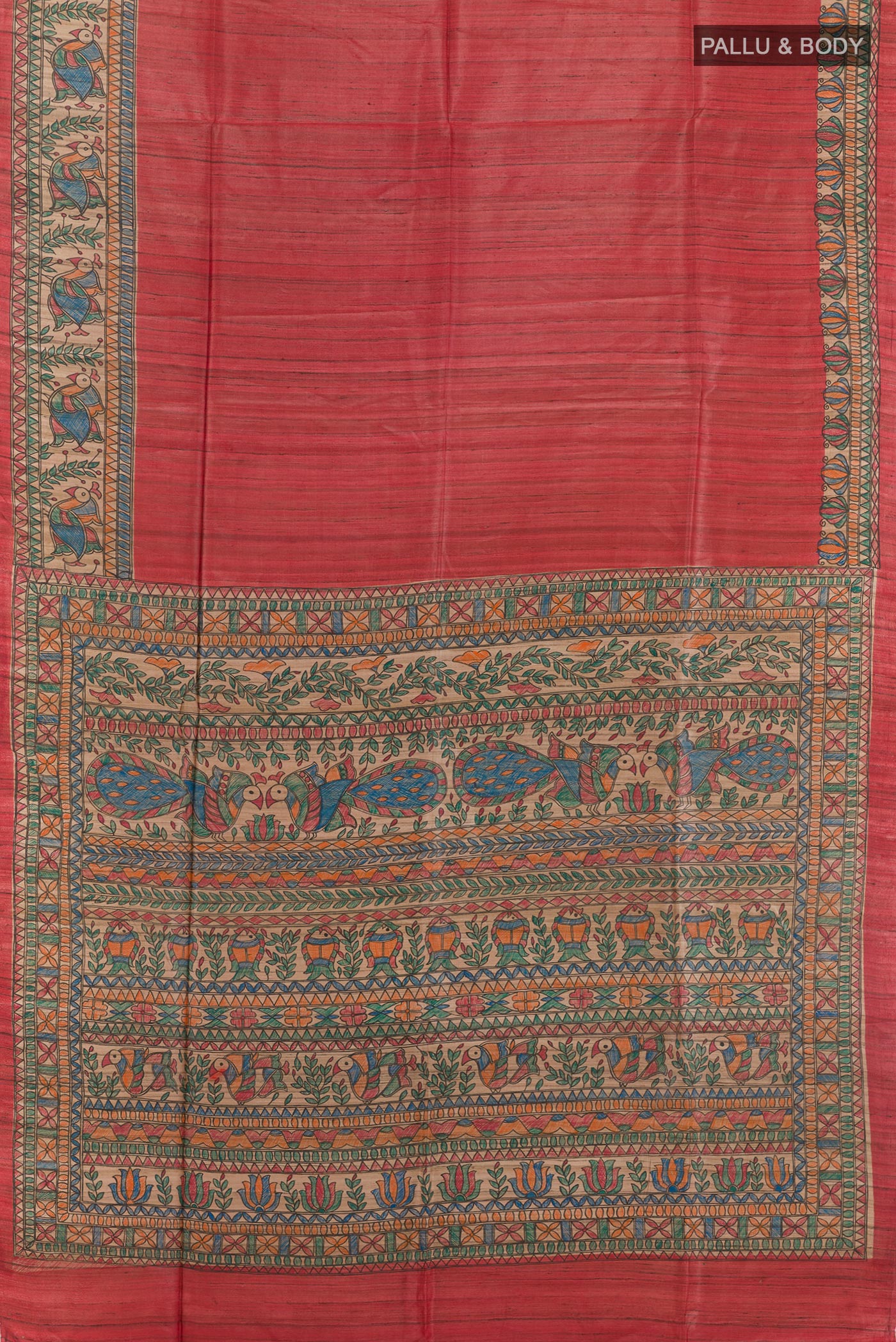 Flat view of Red Tussar Saree with Plain Body and Printed Border. 