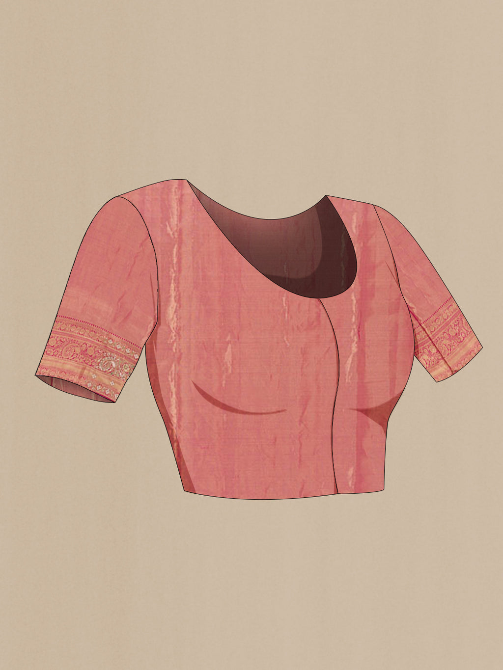 Close up image of the blouse of Rose pink Kanjivaram Tissue Silk Saree with Embroidery on the body and Zari Border. 