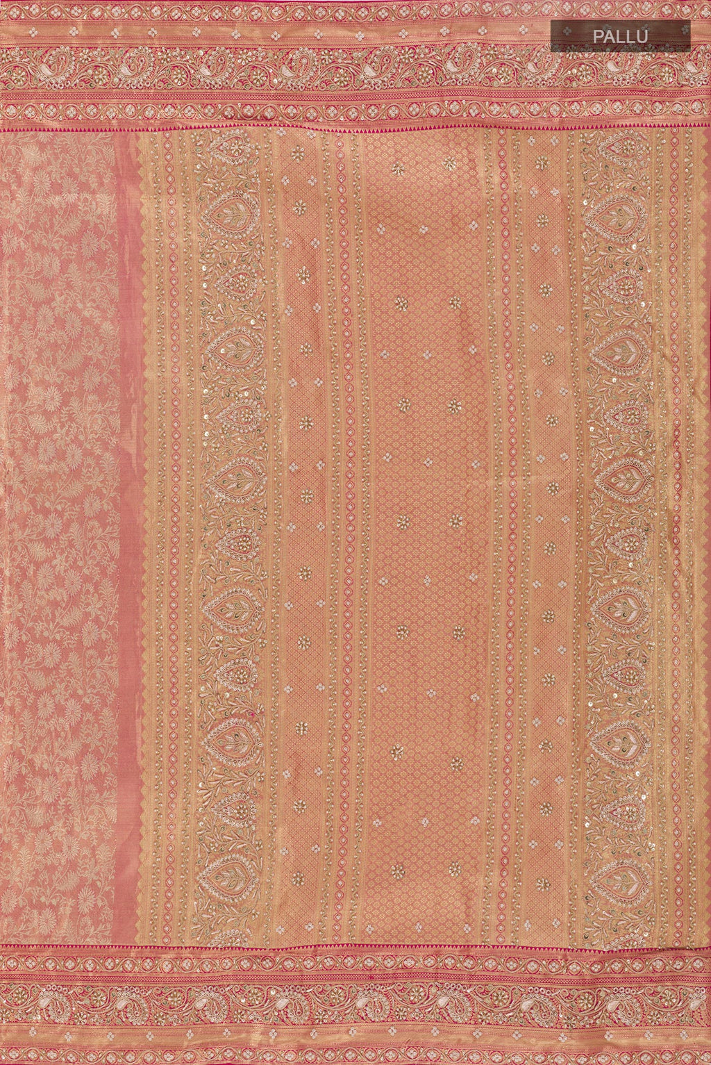 Close up image of the pallu of Rose pink Kanjivaram Tissue Silk Saree with Embroidery on the body and Zari Border. 