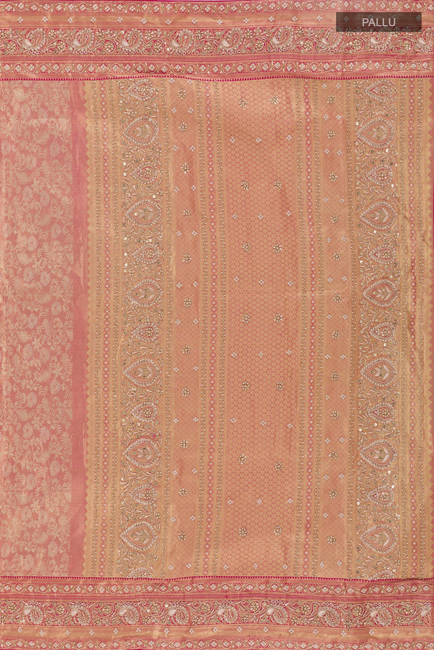 Close up image of the pallu of Rose pink Kanjivaram Tissue Silk Saree with Embroidery on the body and Zari Border. 