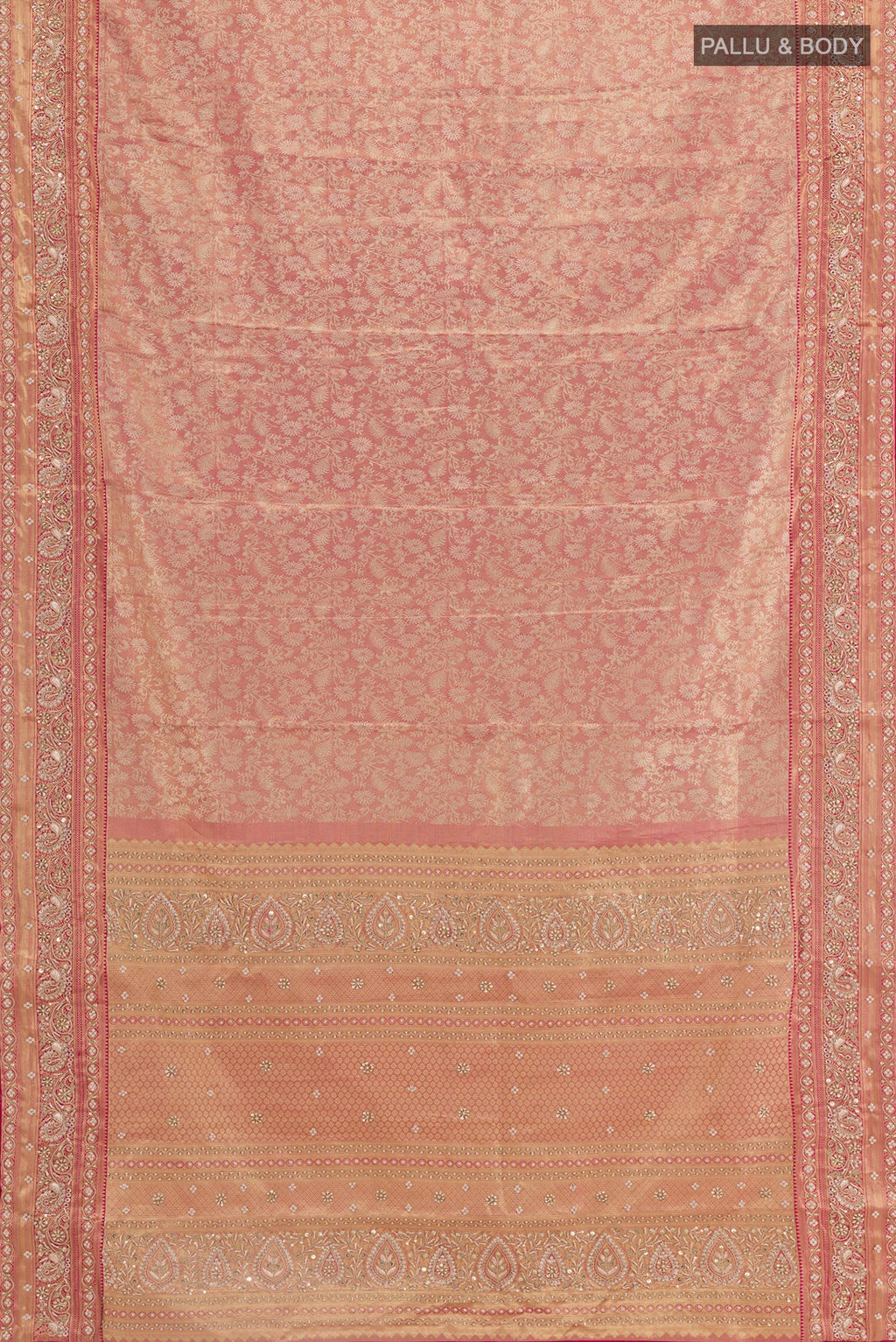 Flat view of Rose pink Kanjivaram Tissue Silk Saree with Embroidery on the body and Zari Border. 