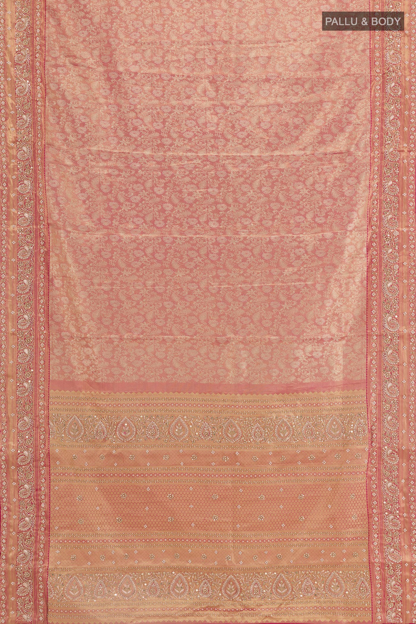 Flat view of Rose pink Kanjivaram Tissue Silk Saree with Embroidery on the body and Zari Border. 