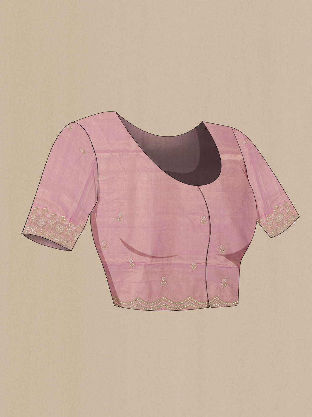 Close up image of the blouse of Rose Gold Kanjivaram Tissue Silk Saree with Zari Brocade on the body and Embroidery Border. 