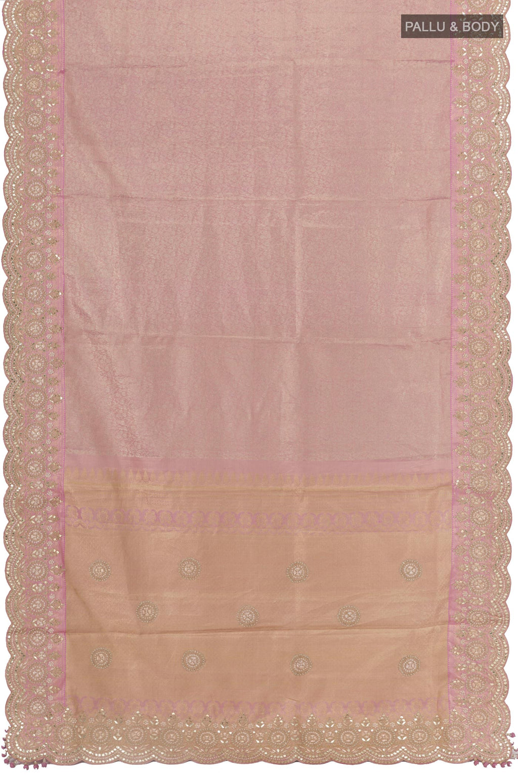 Flat view of Rose Gold Kanjivaram Tissue Silk Saree with Zari Brocade on the body and Embroidery Border. 