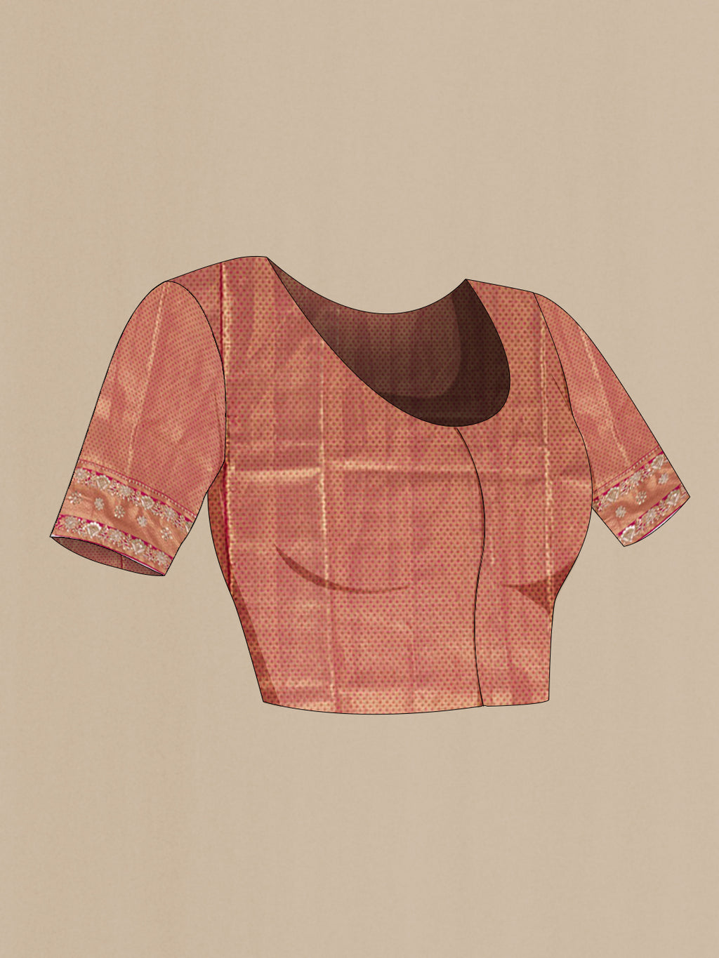 Close up image of the blouse of Pink Kanjivaram Tissue Silk Saree with Zari Brocade on the body and Embroidery Border. 
