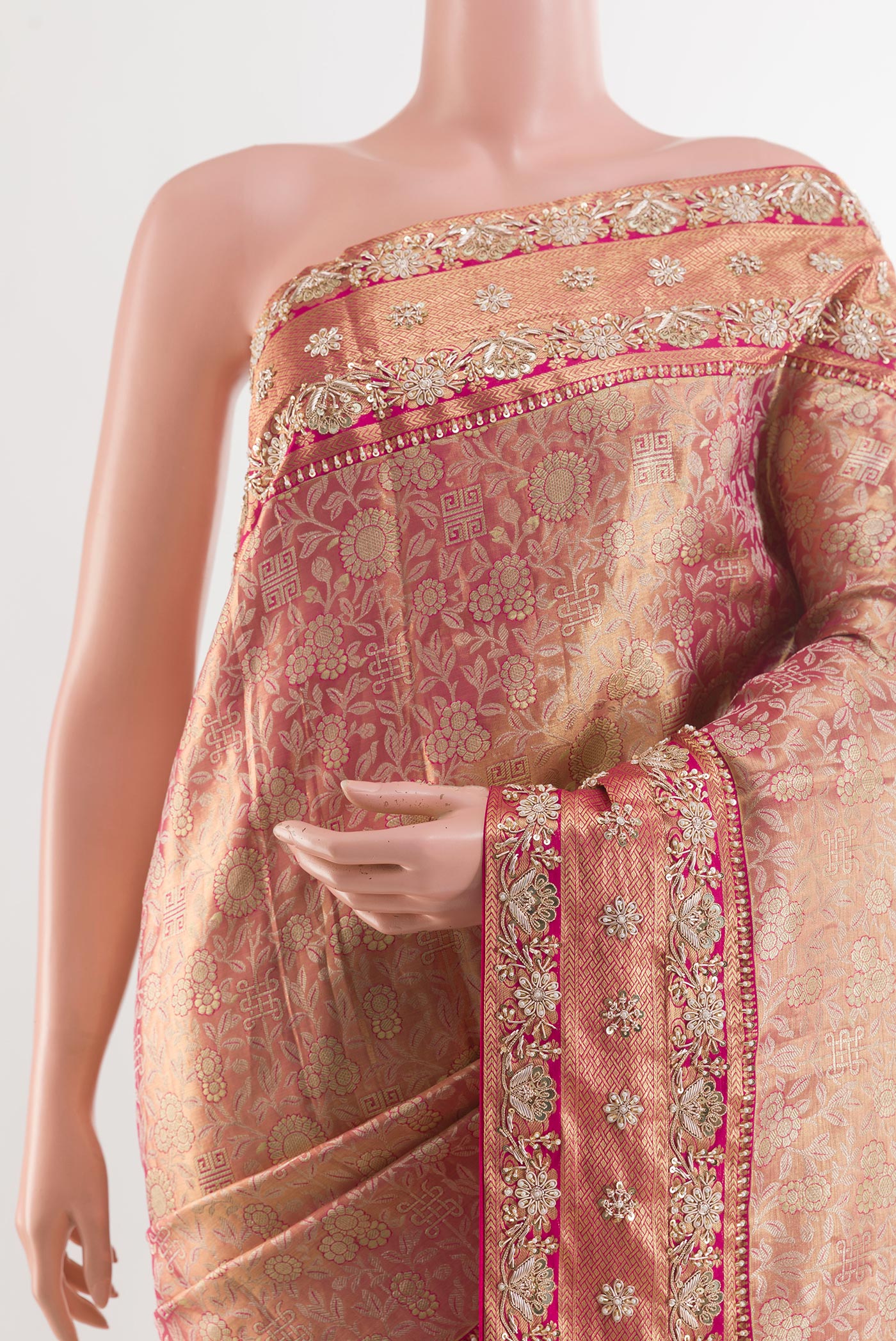 Border image of Pink Kanjivaram Tissue Silk Saree with Zari Brocade on the body and Embroidery Border. 
