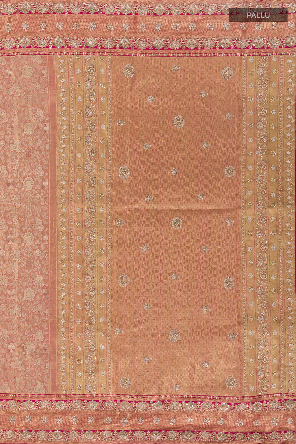 Close up image of the pallu of Pink Kanjivaram Tissue Silk Saree with Zari Brocade on the body and Embroidery Border. 