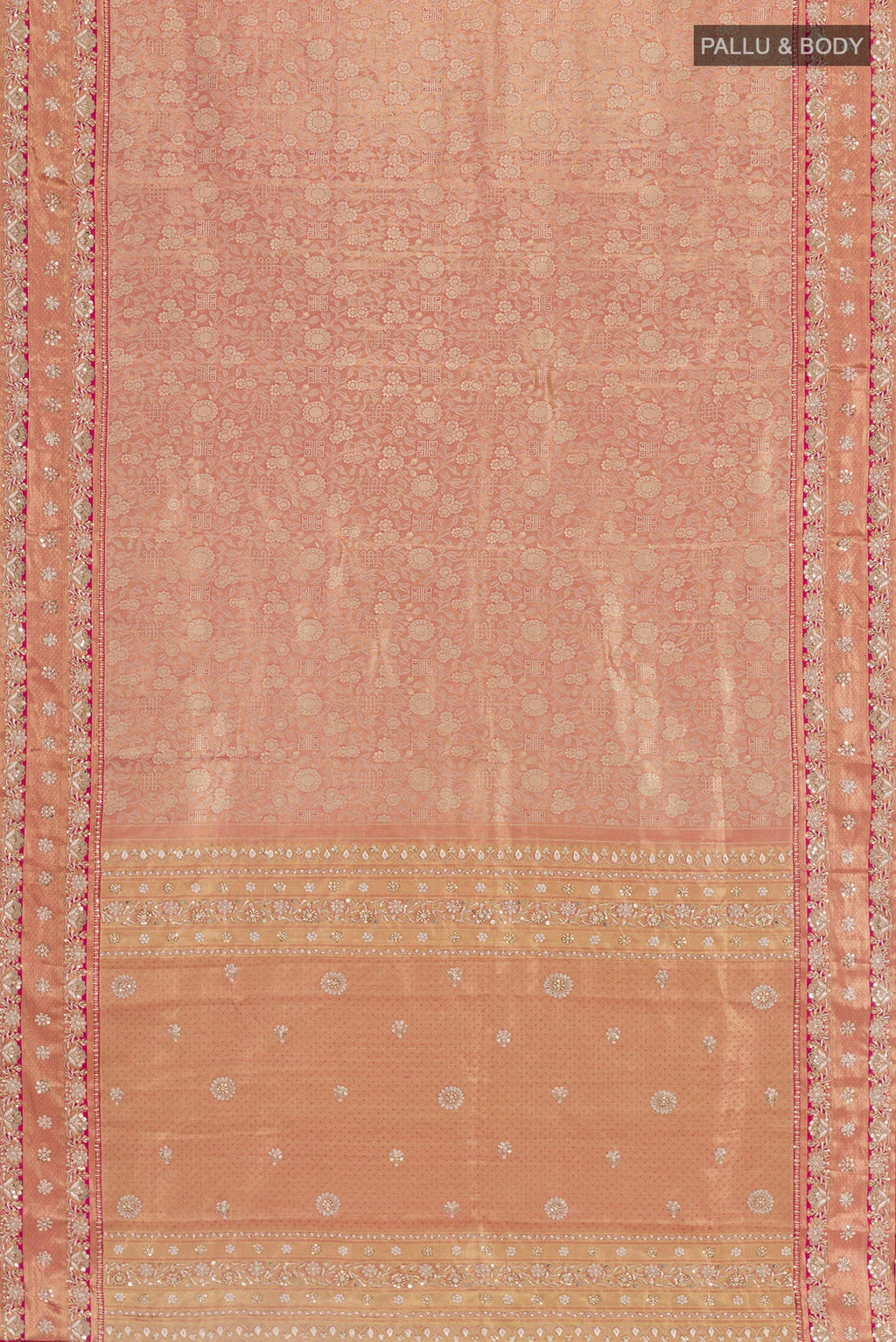 Flat view of Pink Kanjivaram Tissue Silk Saree with Zari Brocade on the body and Embroidery Border. 