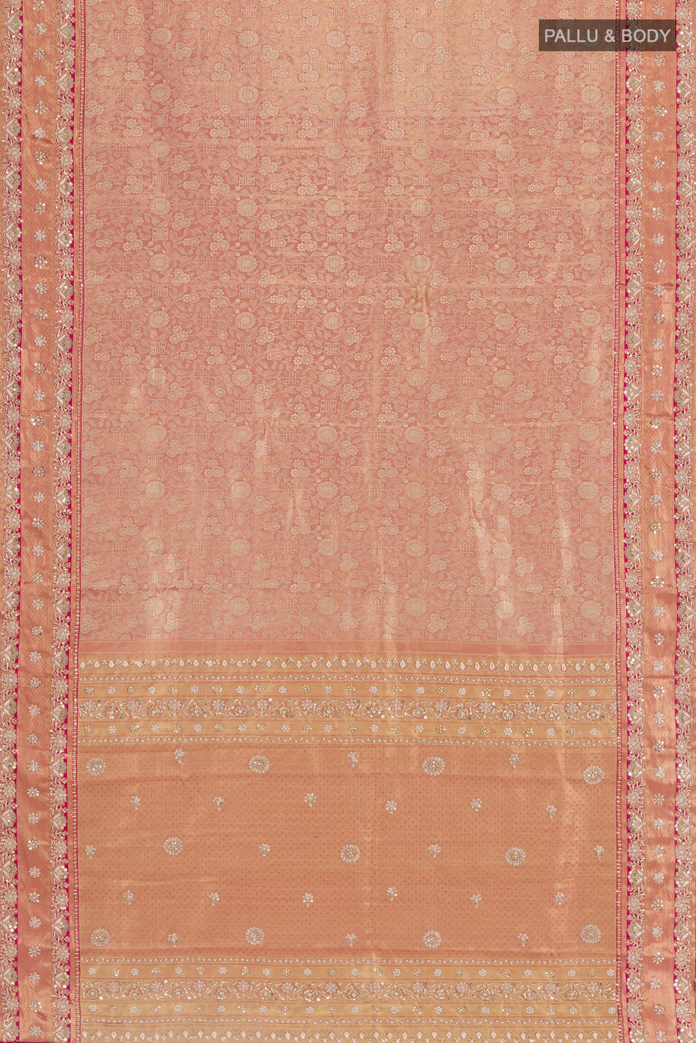 Flat view of Pink Kanjivaram Tissue Silk Saree with Zari Brocade on the body and Embroidery Border. 