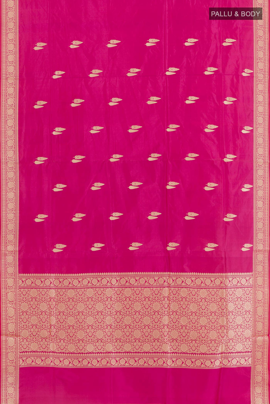 Flat view of Pink Banarasi Katan Silk Saree with Zari Butta on the body and Zari Border. 