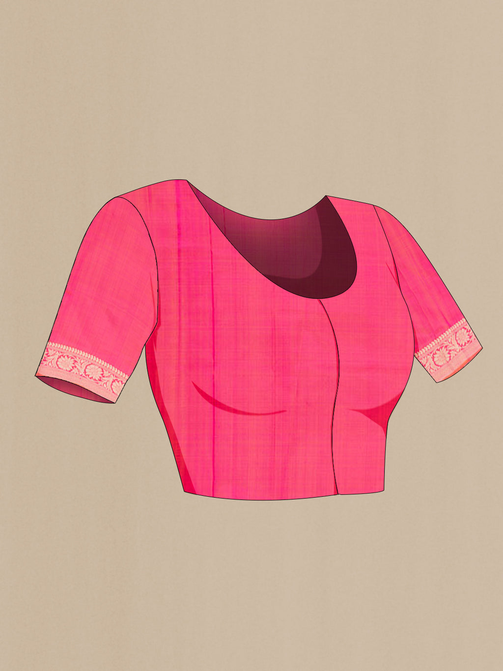 Close up image of the blouse of Pink Banarasi Katan Silk Saree with Zari Butta on the body and Zari Border. 