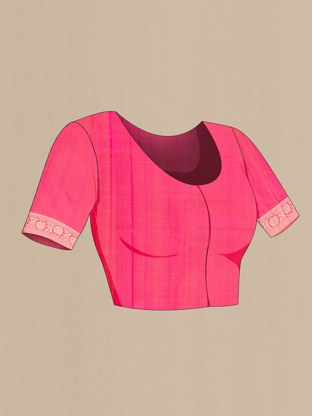 Close up image of the blouse of Pink Banarasi Katan Silk Saree with Zari Butta on the body and Zari Border. 