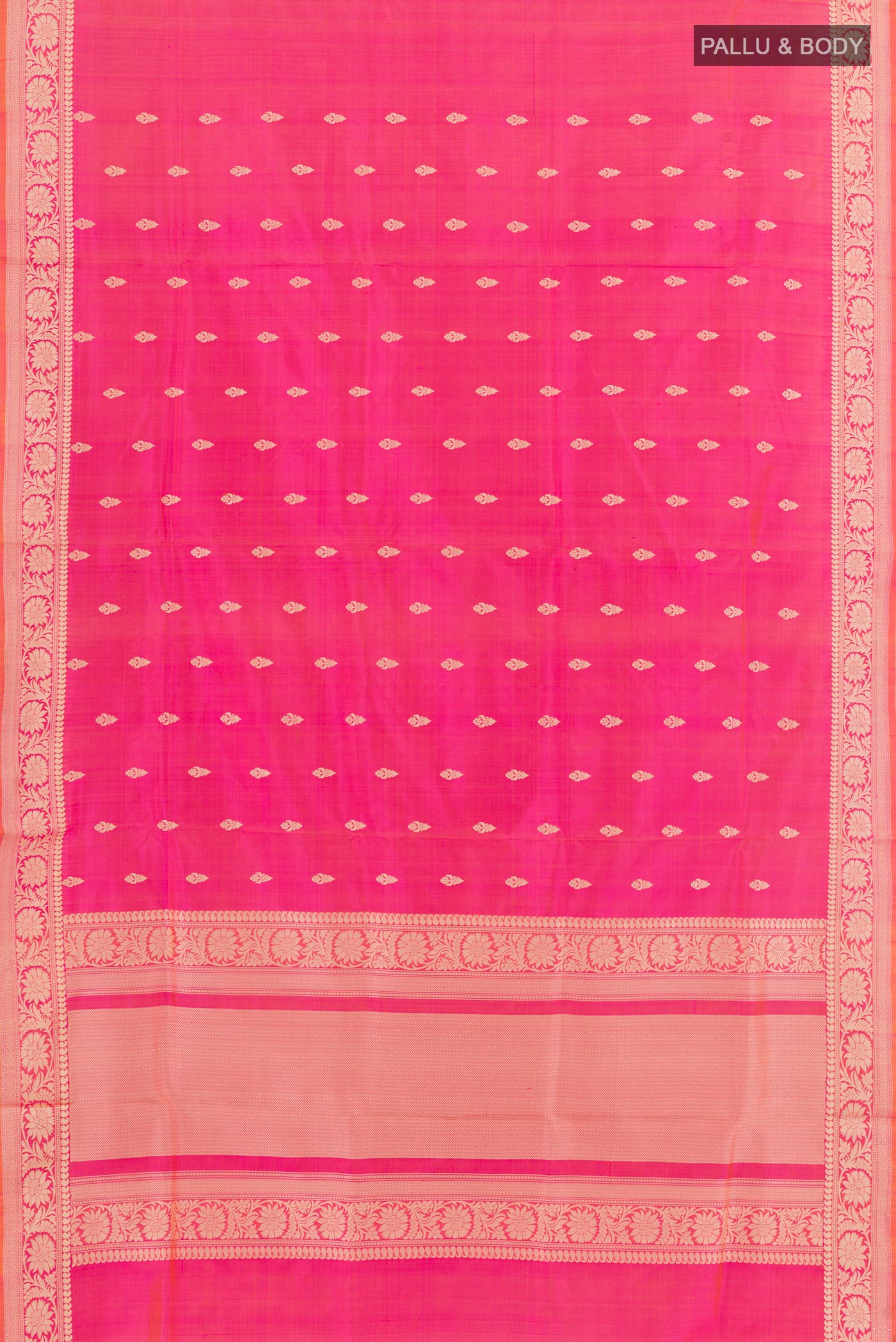 Flat view of Pink Banarasi Katan Silk Saree with Zari Butta on the body and Zari Border. 