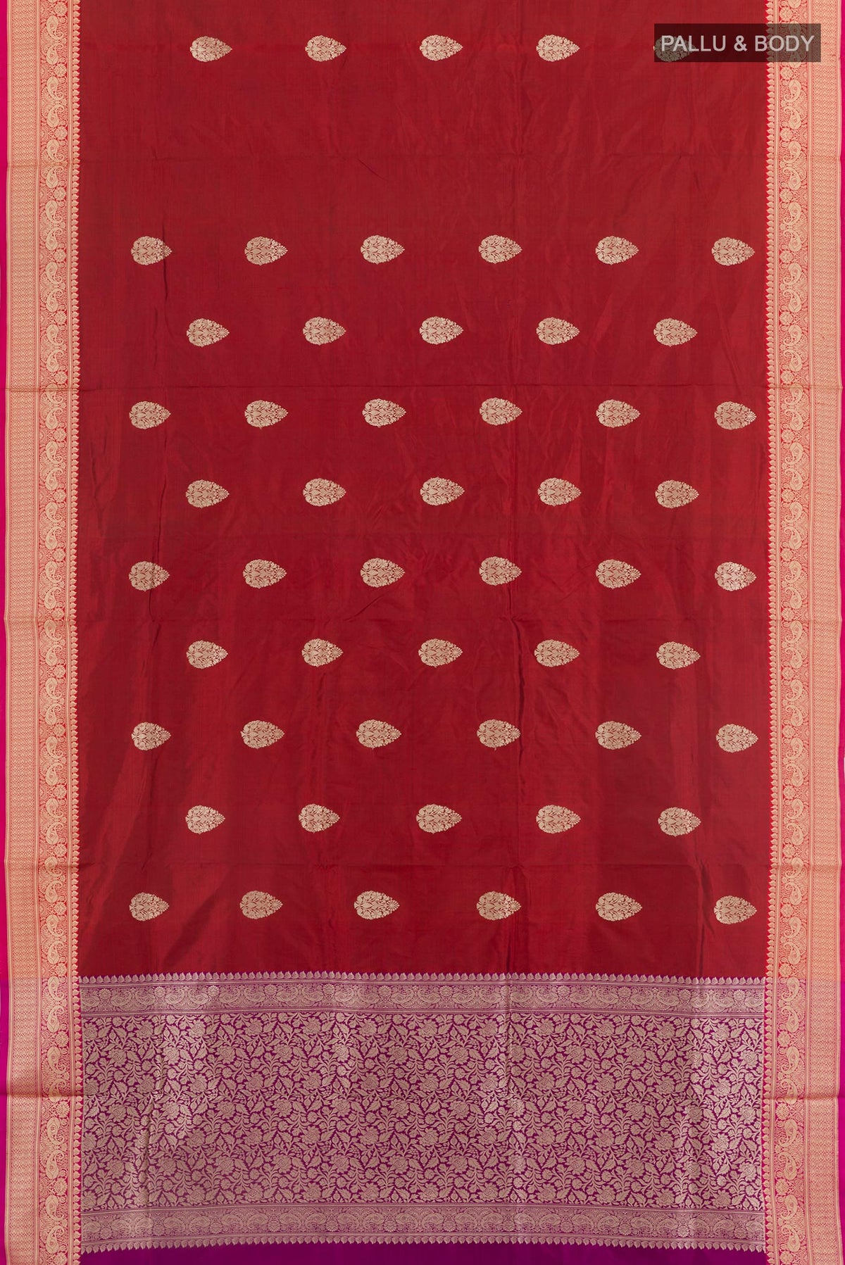 Flat view of Maroon Banarasi Katan Silk Saree with Zari Butta on the body and Zari Border. 