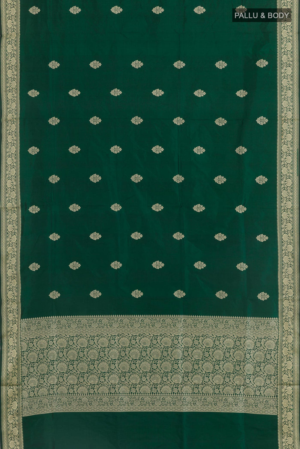 Flat view of Green Banarasi Katan Silk Saree with Zari Butta on the body and Zari Border. 