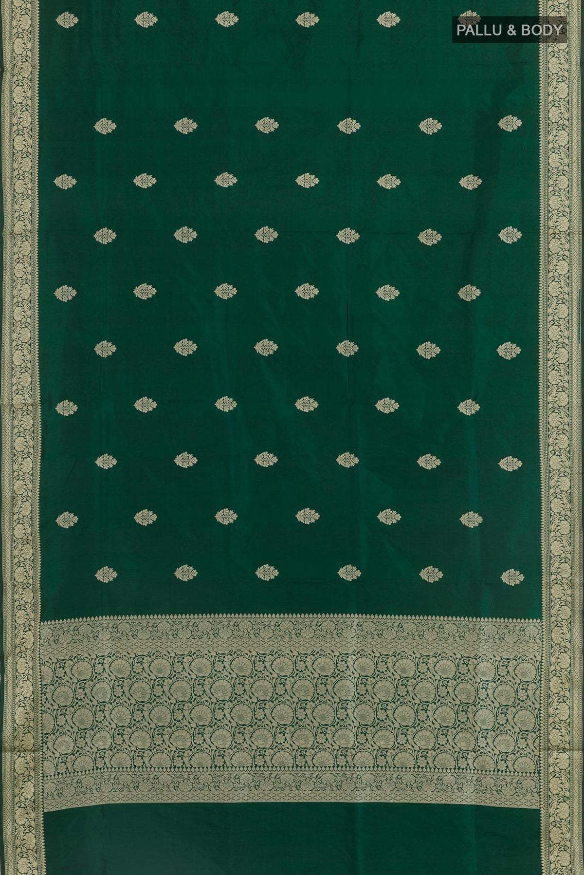 Flat view of Green Banarasi Katan Silk Saree with Zari Butta on the body and Zari Border. 