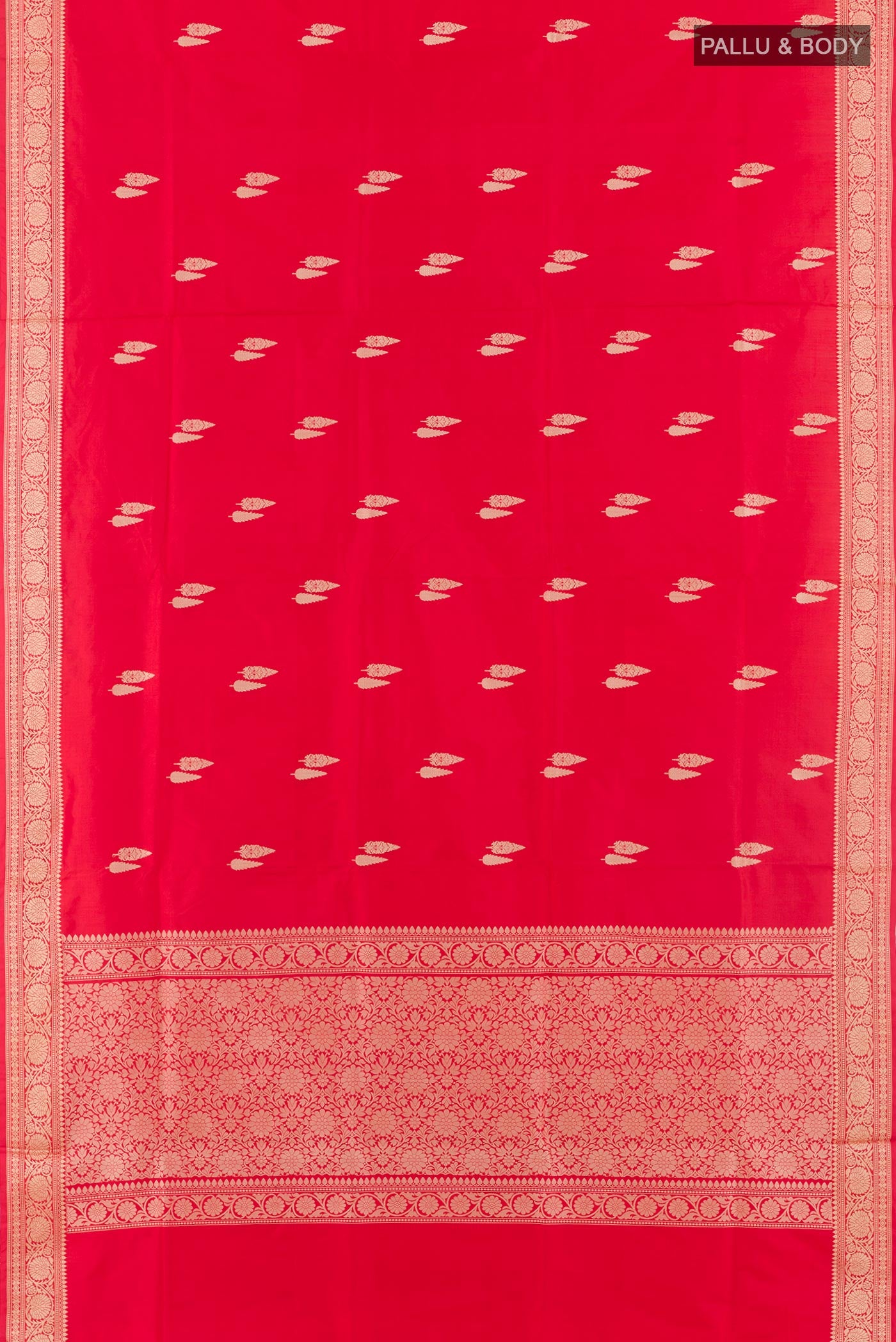 Flat view of Red Banarasi Katan Silk Saree with Zari Butta on the body and Zari Border. 